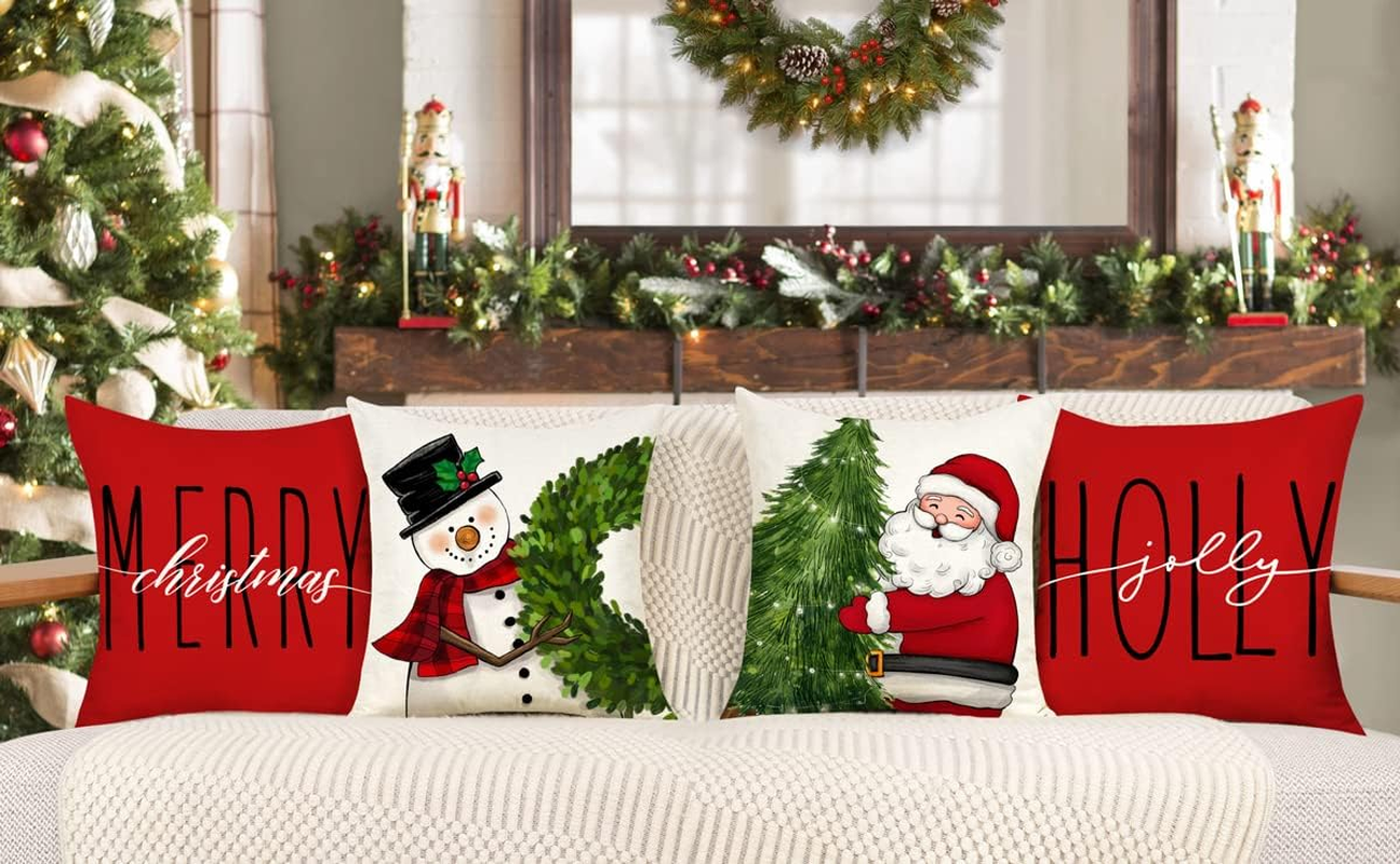 4TH Emotion Red Christmas Pillow Covers 20X20 Set of 4 Farmhouse Christmas Decorations Snowman Wreath Santa Claus Tree Merry Christmas Holly Jolly Winter Holiday Decor for Home Couch S22C17-20 image number 3