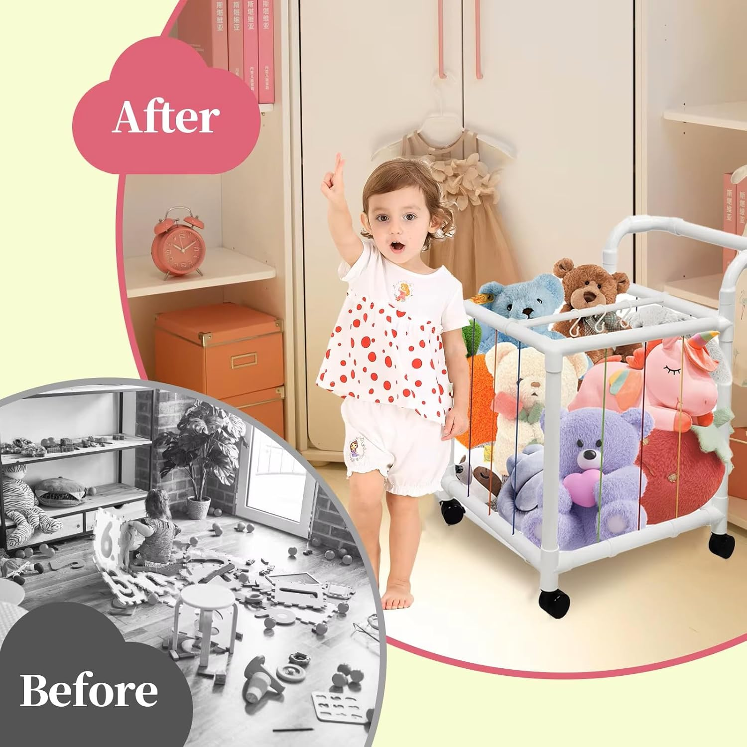 Stuffed Animal Storage Zoo, 360&deg; Rotatable Wheels Plush Tower Storage Single Layers Organizers Cage Holder with Elastic Band and Net for Bedroom Playroom Storage (50X50X50Cm) image number 1