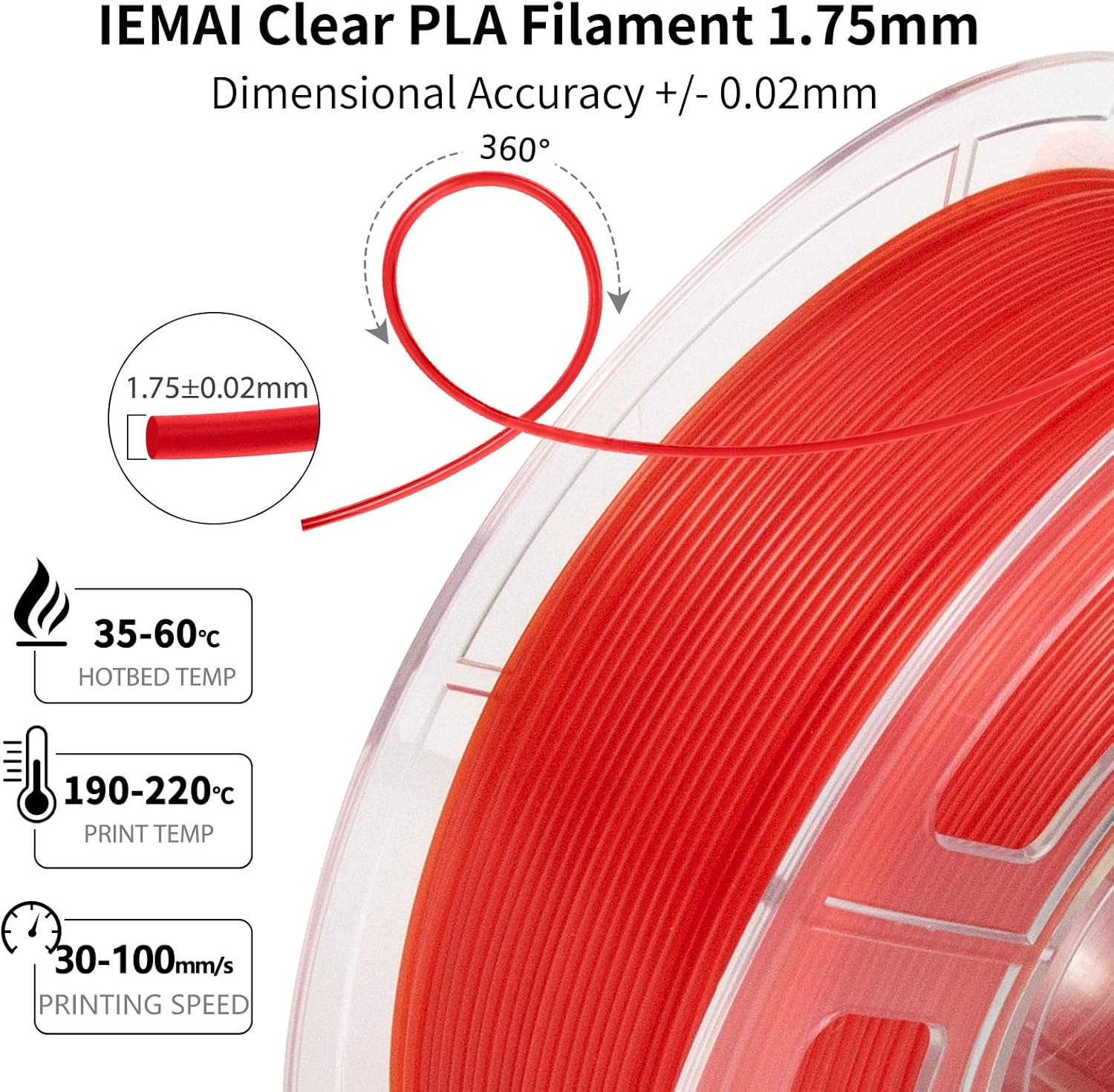 IEMAI Transparent Filament Clear PLA Filament 1.75Mm, High Light Transmittance Clear Red 3D Printer Filament, Transparent PLA Filament 1Kg(2.2Lbs) Spool image number 3