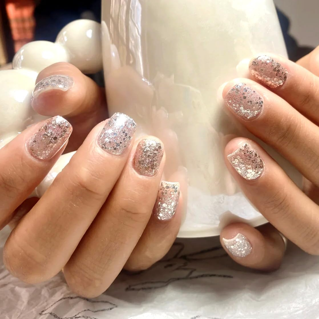 LIFOOST Glitter Gel Nail Strips Clear Nail Art Stickers 20 Extra-Long Gold Sequins Gel Manicure Wraps