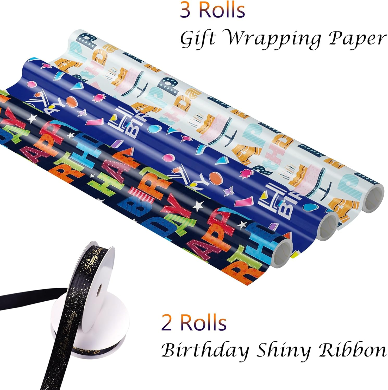 RINGSUN Birthday Wrapping Paper Roll, 3-Rolls 43X300Cm Happy Birthday Gift Wrapping Paper and 2-Rolls Band - Ideal for Boys & Girls Presents image number 1