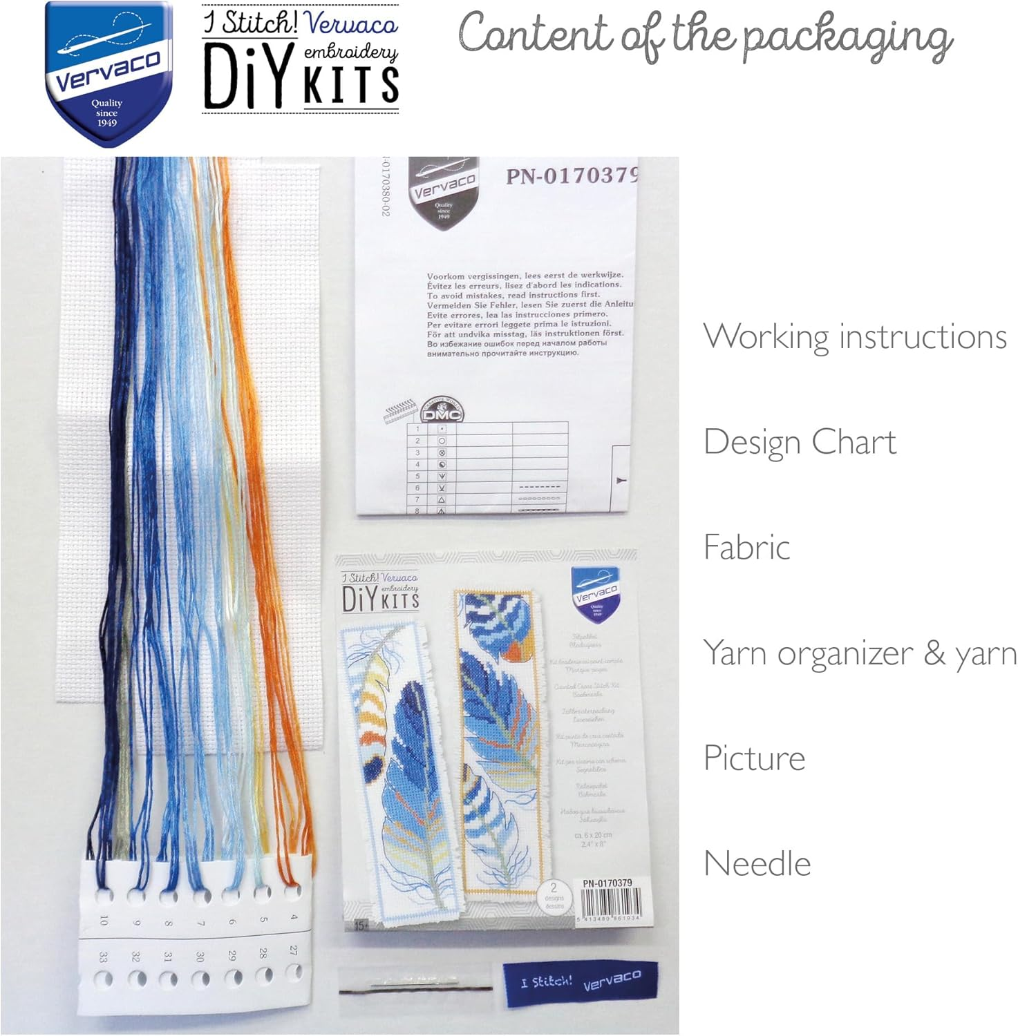 Vervaco PN-0170379 Blue Feathers Set of 2 Bookmarks Embroidery Kit Counted Pattern Cotton Multi-Coloured Approx. 6 X 20 Cm / 2.4 X 8 Inches image number 5