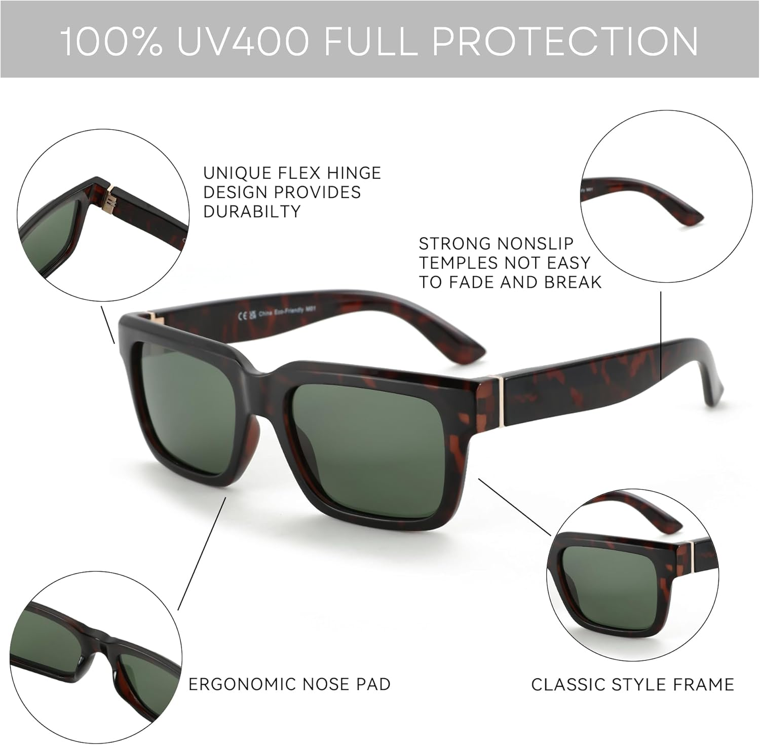 ZENOTTIC Rectangle Sunglasses for Men Women Polarized UV400 Protection Classic Trendy Driving Sun Glasses - C01 Black image number 6