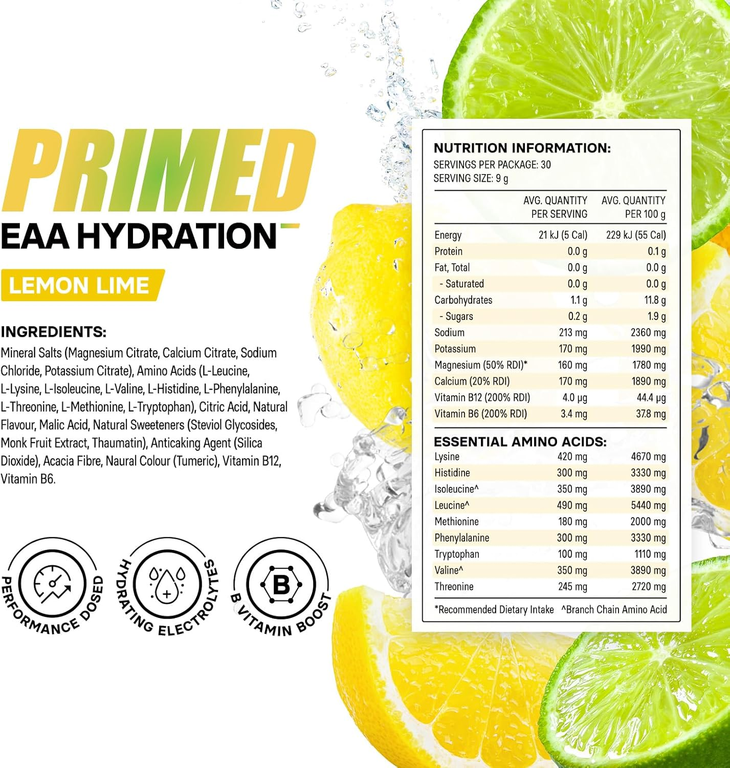 ALPHAFIT Primed EAA + Hydration Powder, Lemon Lime, Essential Amino Acids + Electrolytes for Recovery, HASTA Certified, 270G (30 Serves) image number 4