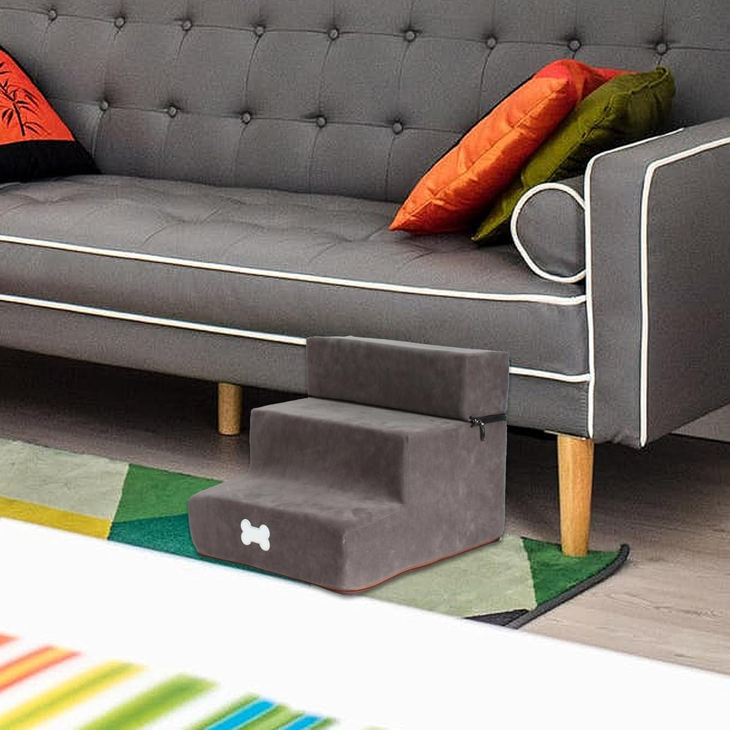 Cat Stairs for Old Cats - Pet Stairs, Steps for Dogs to Get on Bed, Soft Non-Slip Cat Steps with Foldable 3 Ladders, High-Density Foam Pet Stairs for Puppies, Kittens, Old Dogs Borato - Dark Brown Trumpet Three Layers image number 7