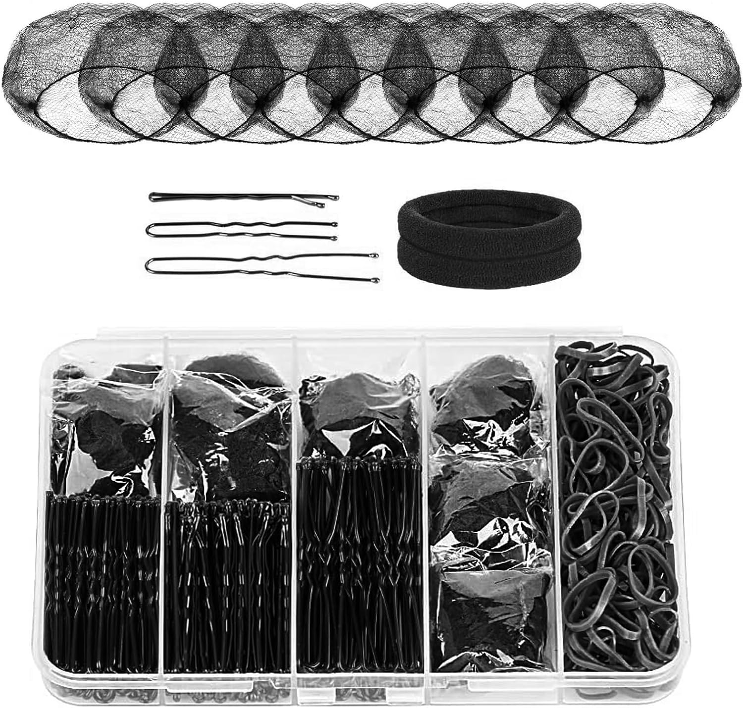 Quttly Professional Dance Hair Kit - 100 U-Pins, 50 Bobby Pins, 100 Elastic Bands, 8 Invisible Hairs Nets, 2 Hair Ties for Secure Ballet Bun | Competition & Performance Essentials(Black)