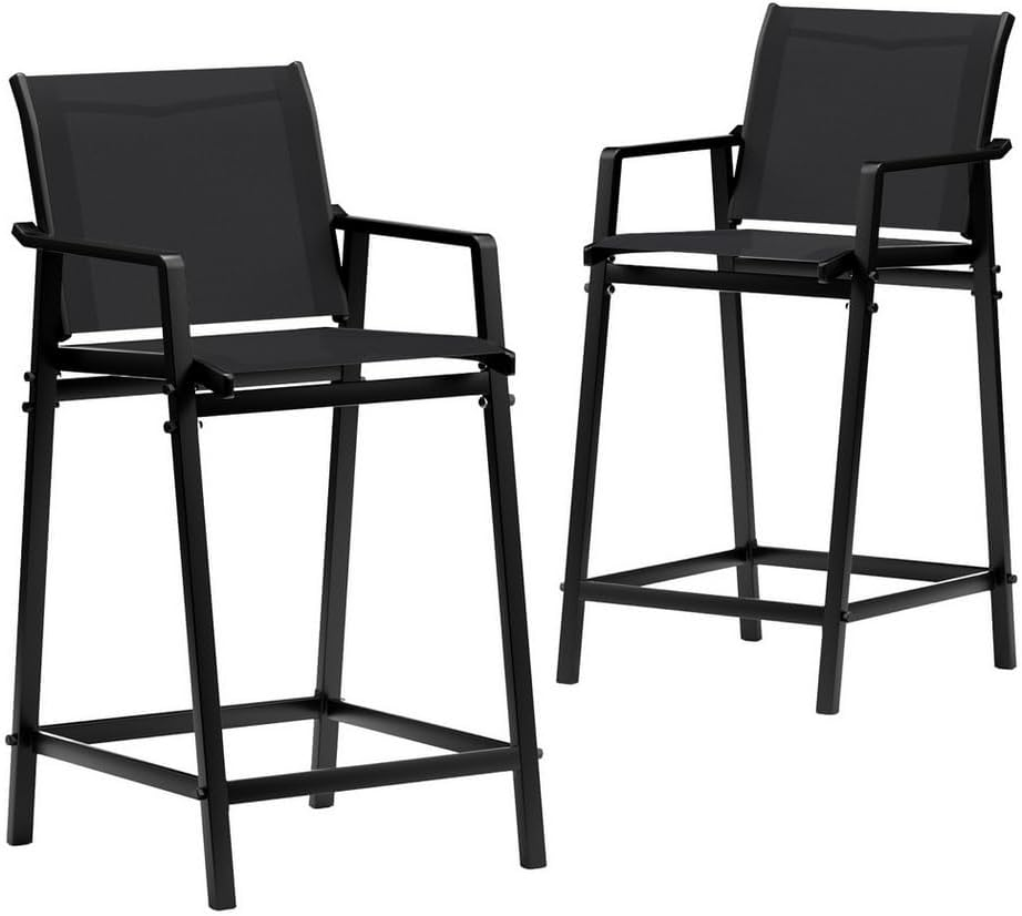 Gardeon Outdoor Bar Stools Set of 2, Dining Chairs with Armrest and Footrest, Patio Furniture for Garden, Bistro, Lawn, Poolside, Backyard, Kitchen, Steel Textilene Fabric, Black image number 5