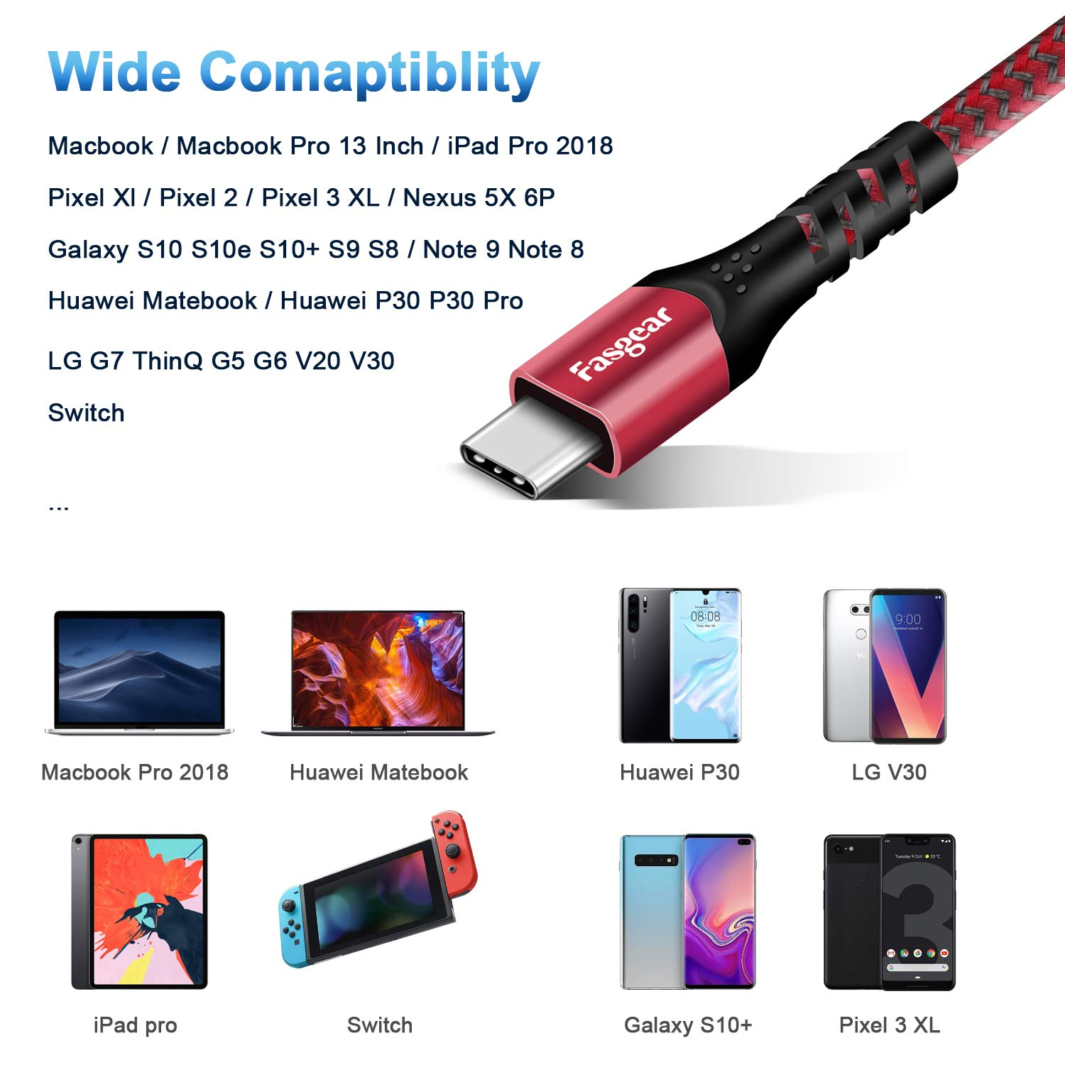 Fasgear USB C to USB C Cable 3Ft 20V/5A PD Fast Charging and Data Sync Nylon Braided Type-C to Type C Cable Compatible with I-Pad Pro 2022 Mac-Book Pro, I-Phone 15 Galaxy S24 Note 20 Switch (1M,Red) - Black image number 2