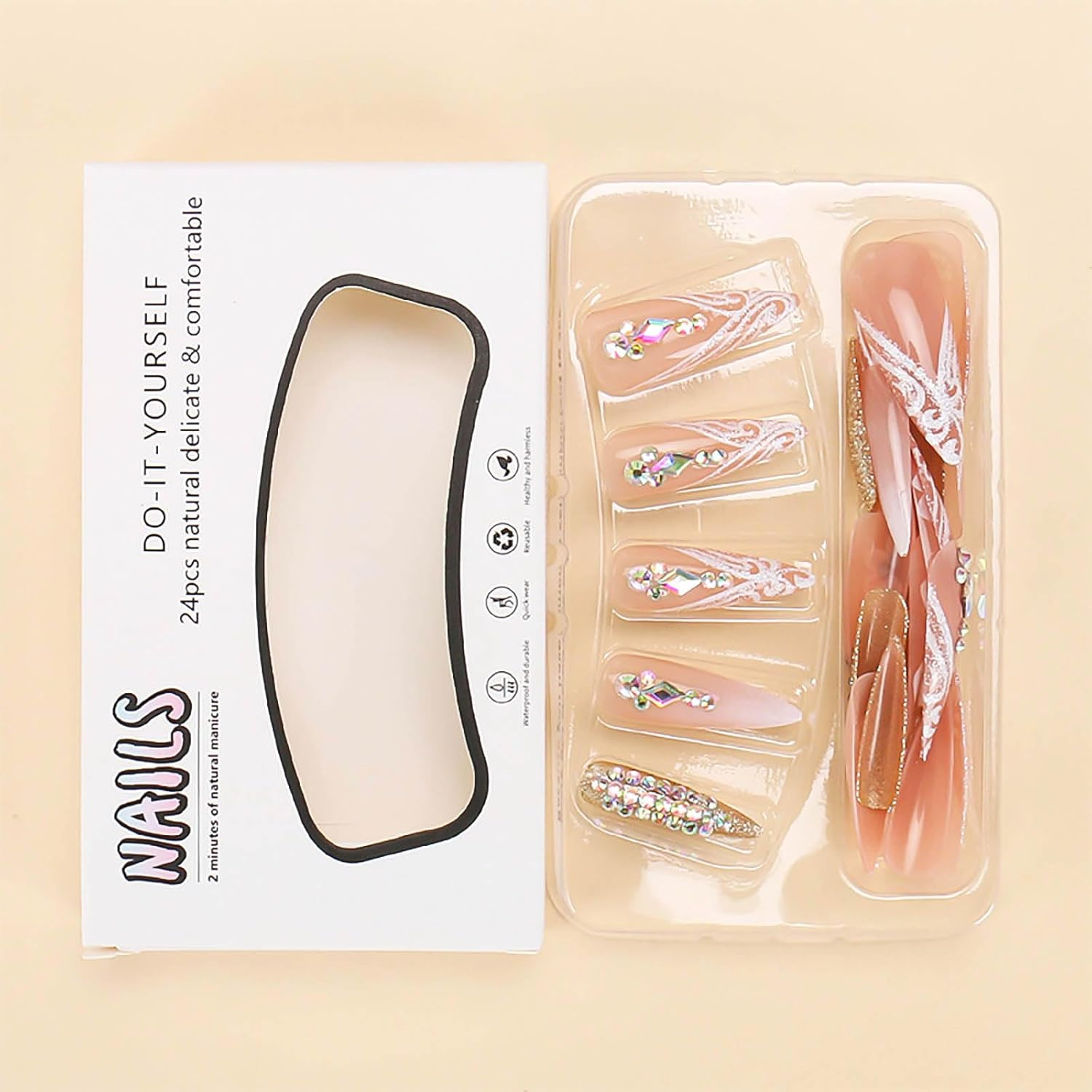RUOKEXIN Long Press on Nails Stiletto Shaped Fake Nails Handmade False Nails with Rhinestones Designs White Ombre Glue on Nails Glitter Artificial Nails Luxury Stick on Nails for Women 24Pcs image number 4