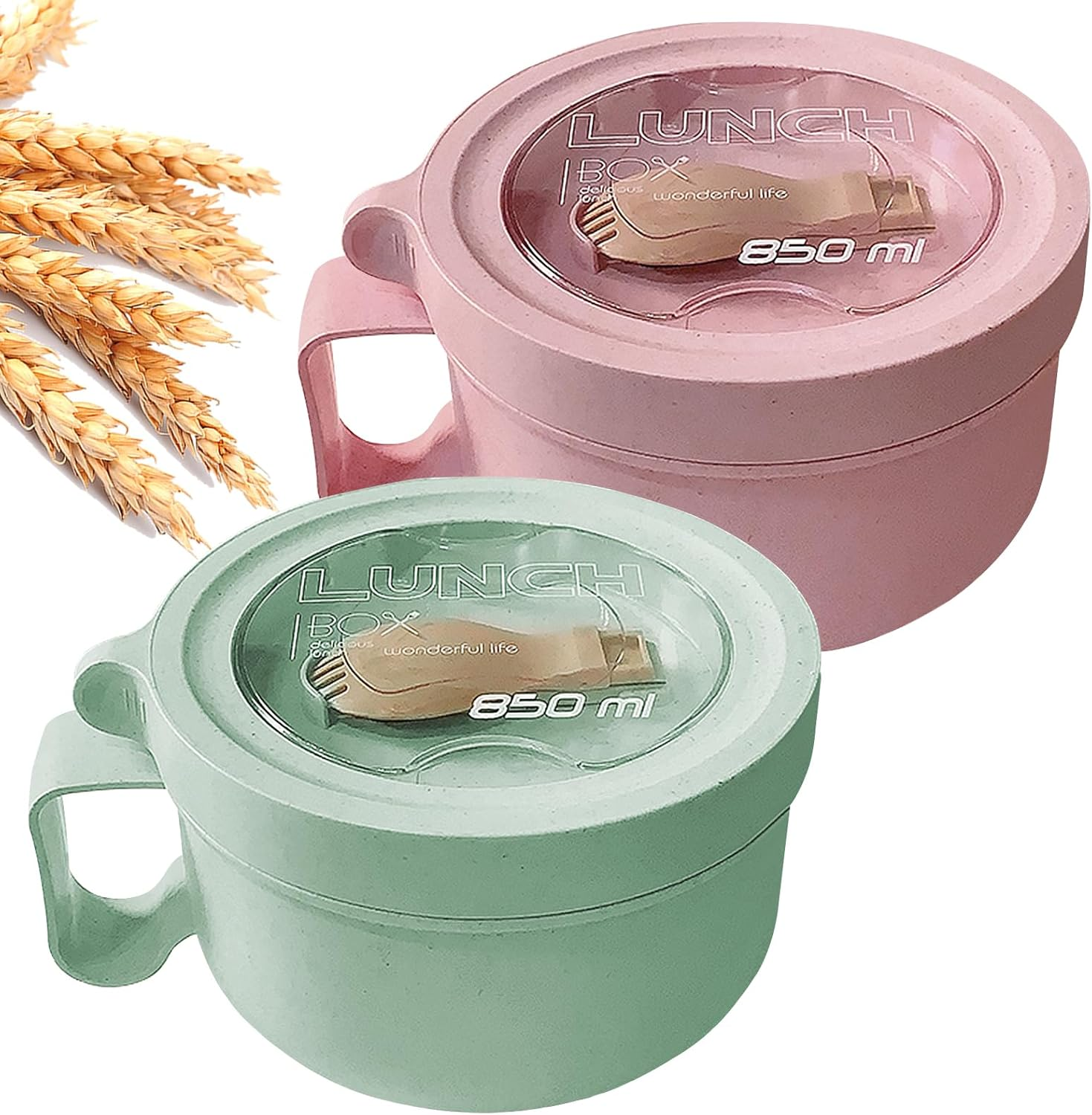 2Pack 28.7Oz Wheat Straw Microwave Ramen Bowl Set Noodle Bowls with Lid and Spoon,Improved Easy-Grip Design for On-The-Go - Holds Soup, Rice, Cereal,More,Bpa-Free(Pink+Green) image number 4