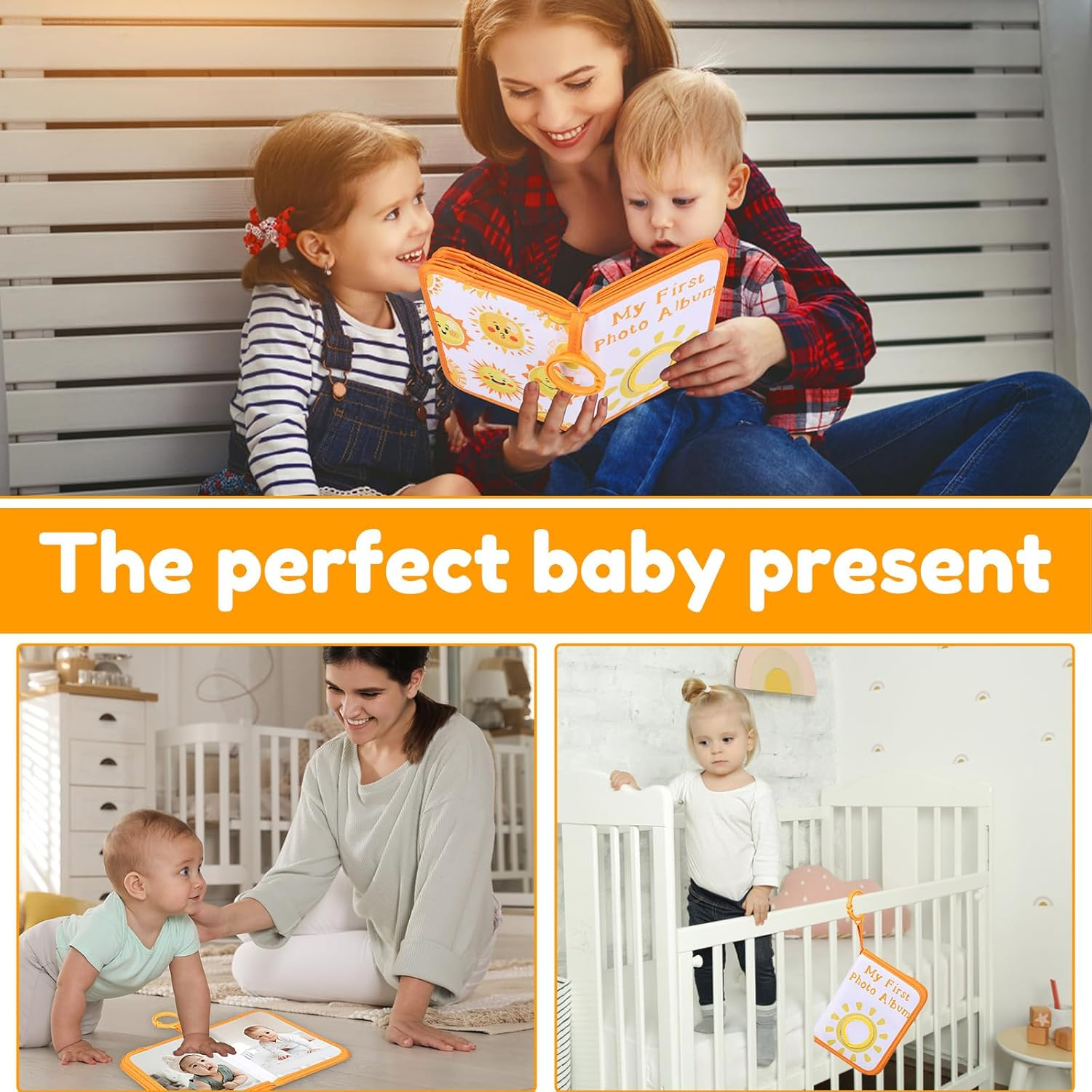 Baby Memory Album Book with Mirror, Safe Soft Cloth Baby Photo Album, Newborns First Family Memory Book Holds 17 Pictures for Kids Newborn Toddlers (A) image number 5