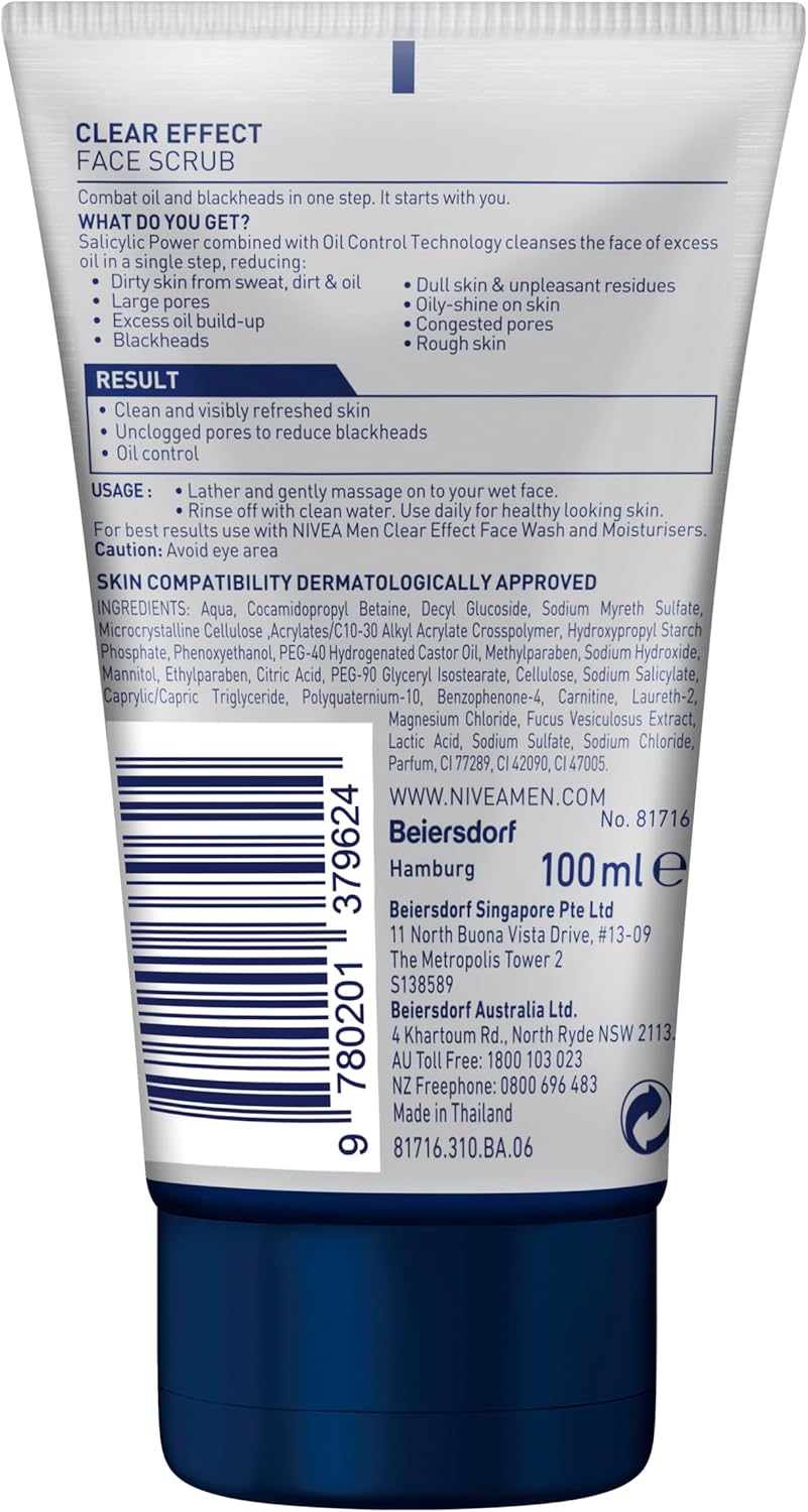 NIVEA MEN Clear Effect Oil Control Exfoliating Face Scrub 100Ml | with Salicylic Power | Unclogs Pores and Clears Impurities | Cleanses Excess Oil | Removes Shine image number 5
