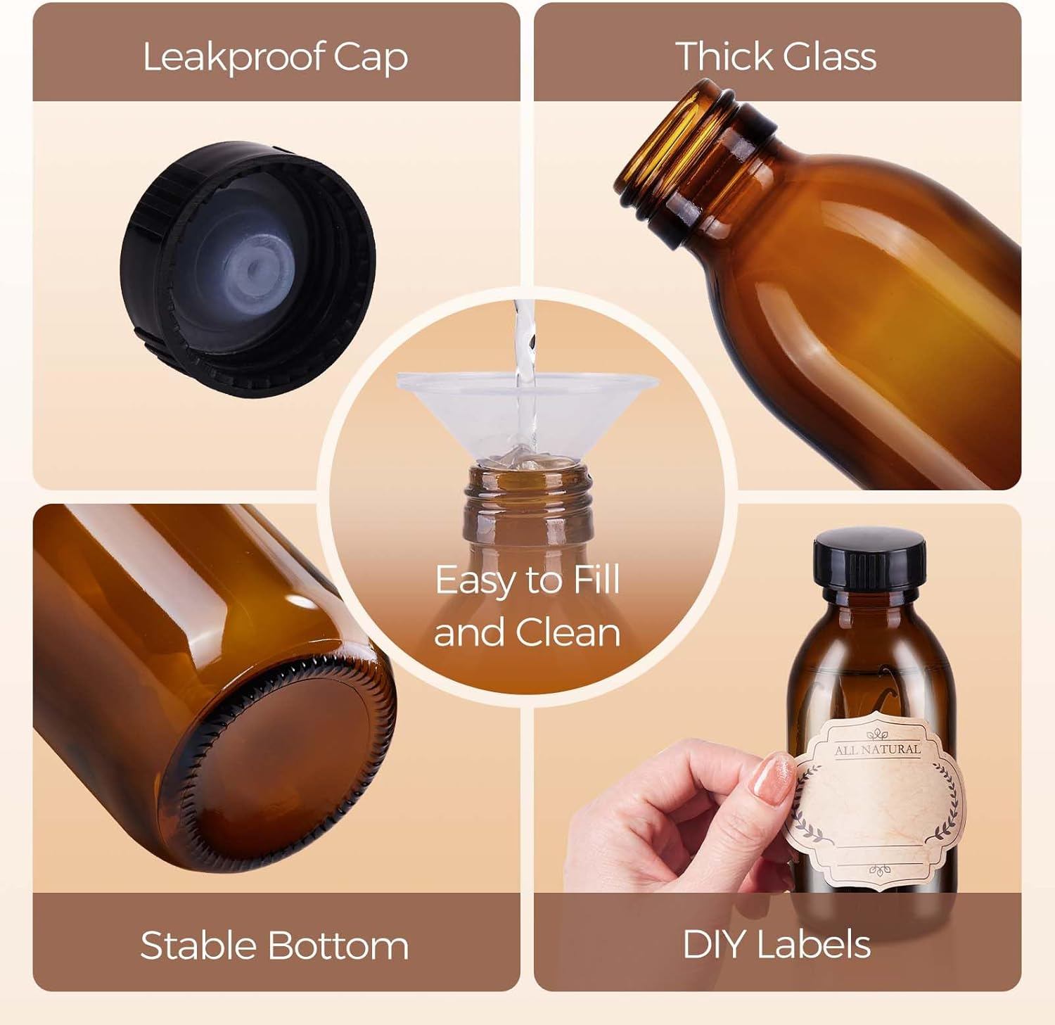 Elumeiro 12 Pack 4 Oz Amber Boston Glass Bottle with Cap, Empty Brown Glass Bottles for Homemade Vanilla Extract, Essential Oils, Juice, Syrup, Liquids, Potion, Herbal Perfume, Hot Sauce image number 4