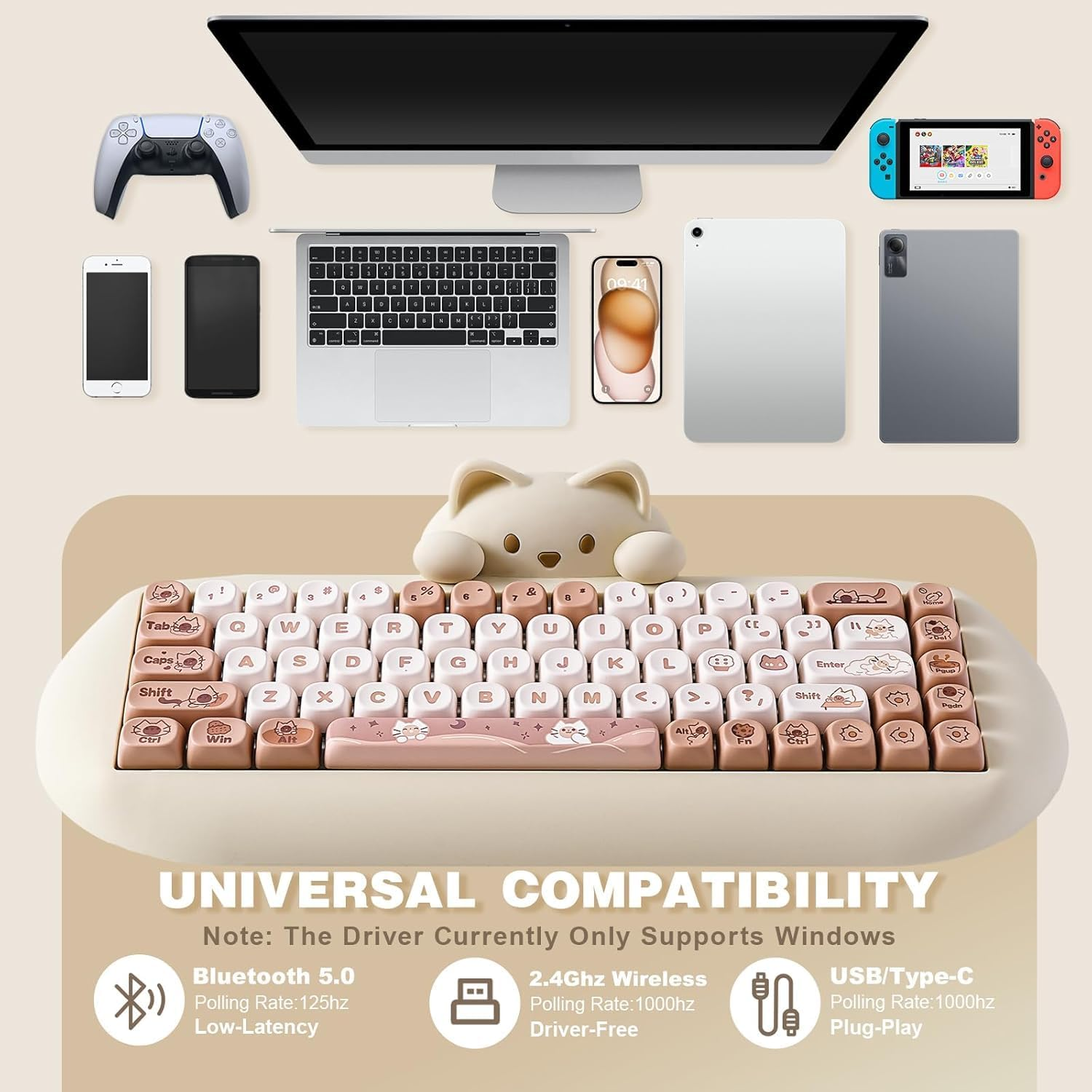 YUNZII C68 Wireless Mechanical Keyboard, 65% Gaming Keyboard Hot Swap,Triple Mode Bt5.0/2.4G/Wired,Rgb Backlit Nkro,Cute Cat Silicone Ergonomic Keyboard for Win/Mac（Milk Switch，Brown image number 3