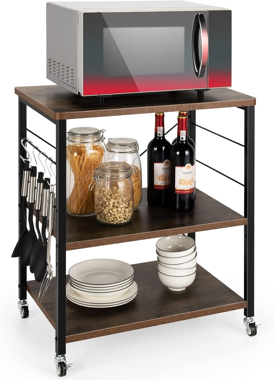 Costway 3-Tier Baker&rsquo;S Rack, Kitchen Utility Serving Cart W/ 10 Removable Hooks, Standing Microwave Shelf Metal Frames W/Lockable Casters for Coffee Restaurant Hotel (Rustic Brown) image number 1