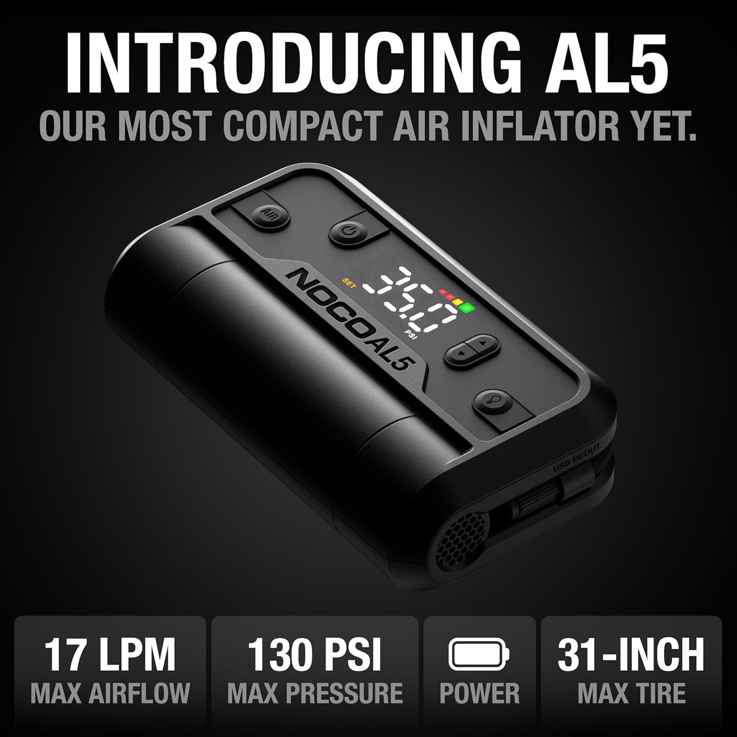 NOCO Air AL5: Ultrafast 5A Cordless Tyre Inflator &ndash; Portable Battery-Powered Air Compressor Pump &ndash; 17 SLPM Airflow Inflates 0&ndash;40 PSI in 7 Minutes &ndash; Digital Gauge + Auto-Shutoff image number 2