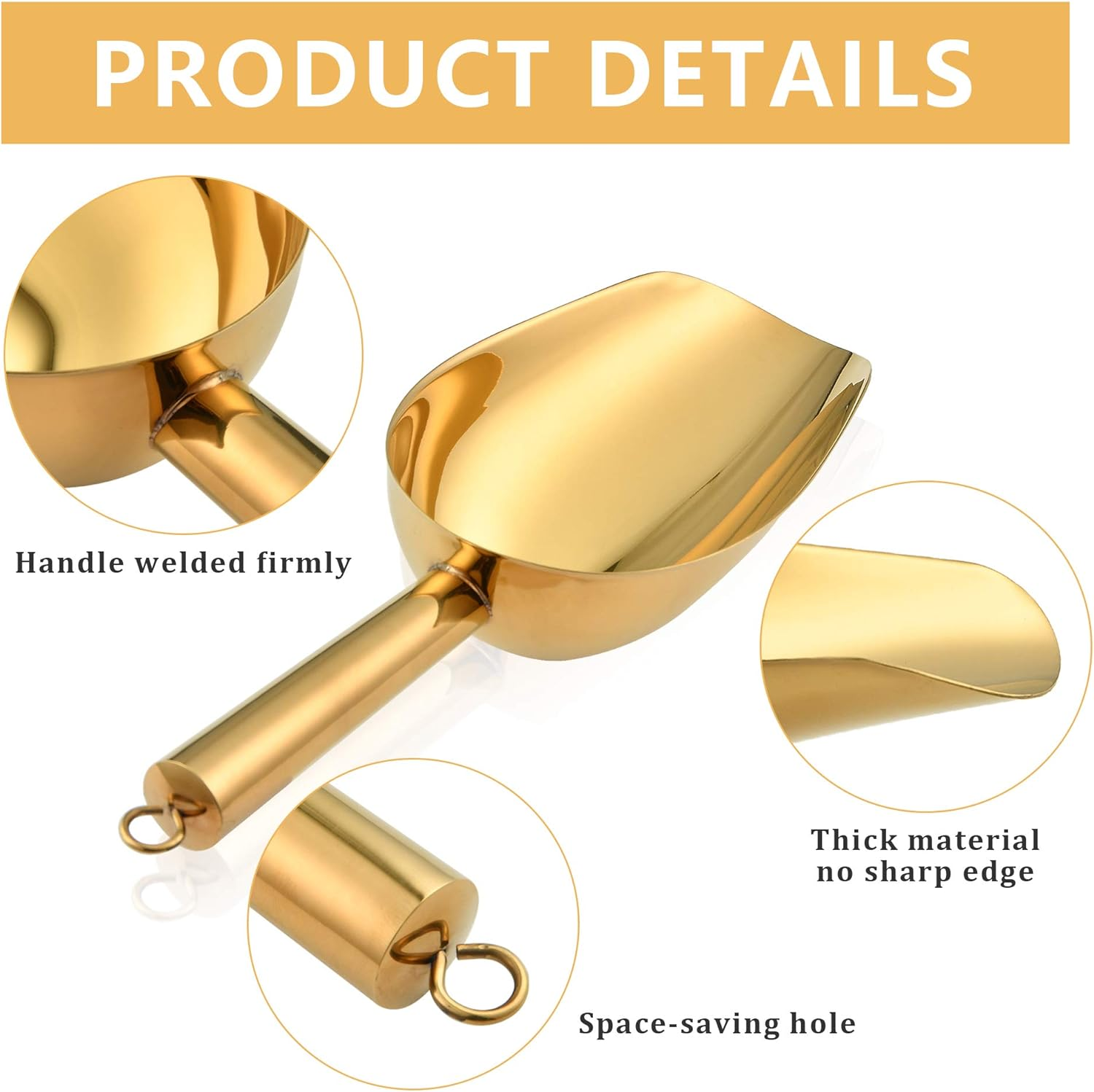 Stainless Steel Ice Scoop and Ice Tongs, Small round Bottom Bar Ice Flour Utility Scoop & Buffet Clip Kitchen Bar BBQ Party Wedding, Gold image number 3