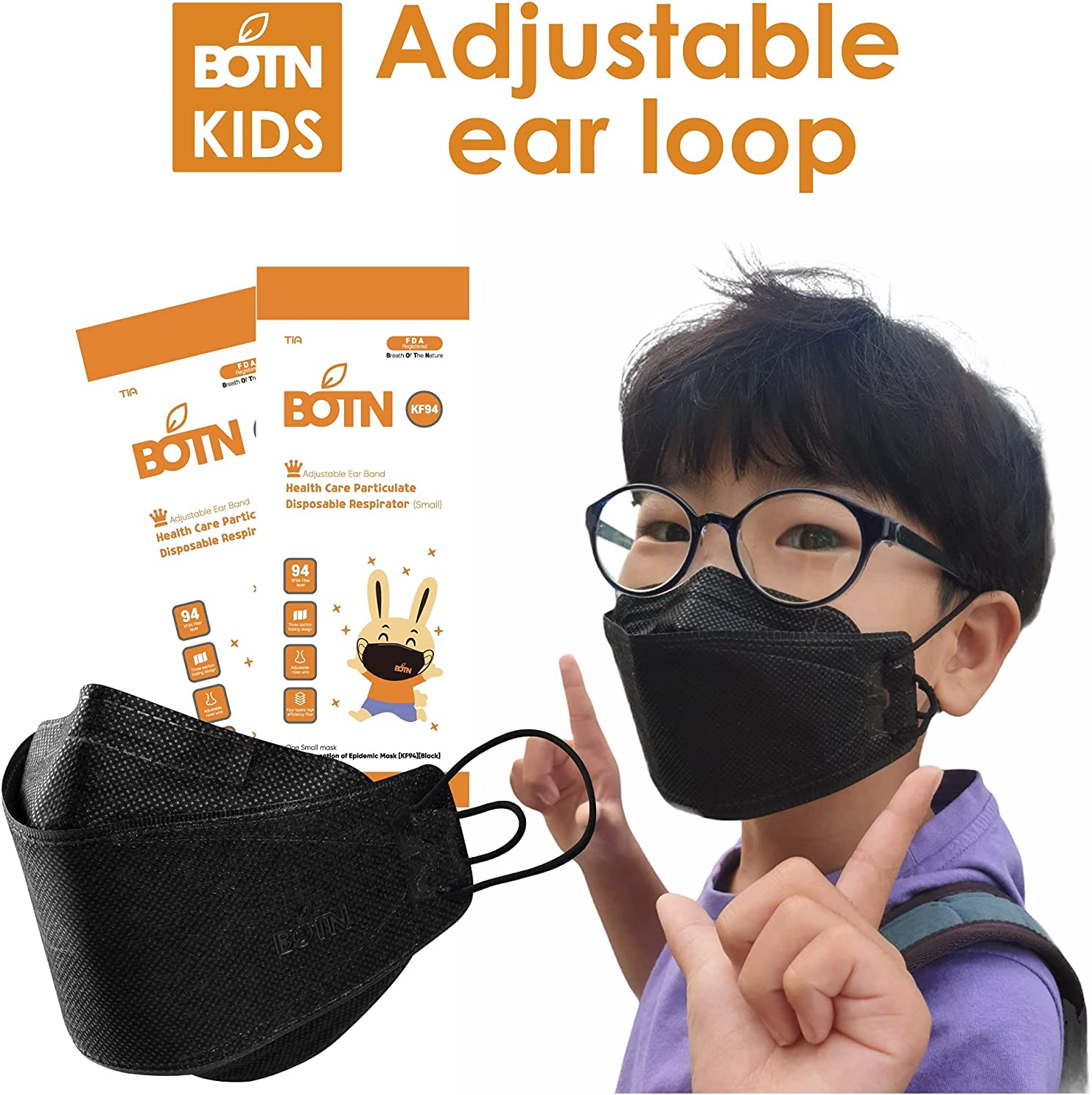 BOTN Child Fit 10Pcs KF94 Protective and Safety Face Mask, 4-Layer Filter and 3D Design, Adjustable Strap and Made in Korea (White, Small) image number 5