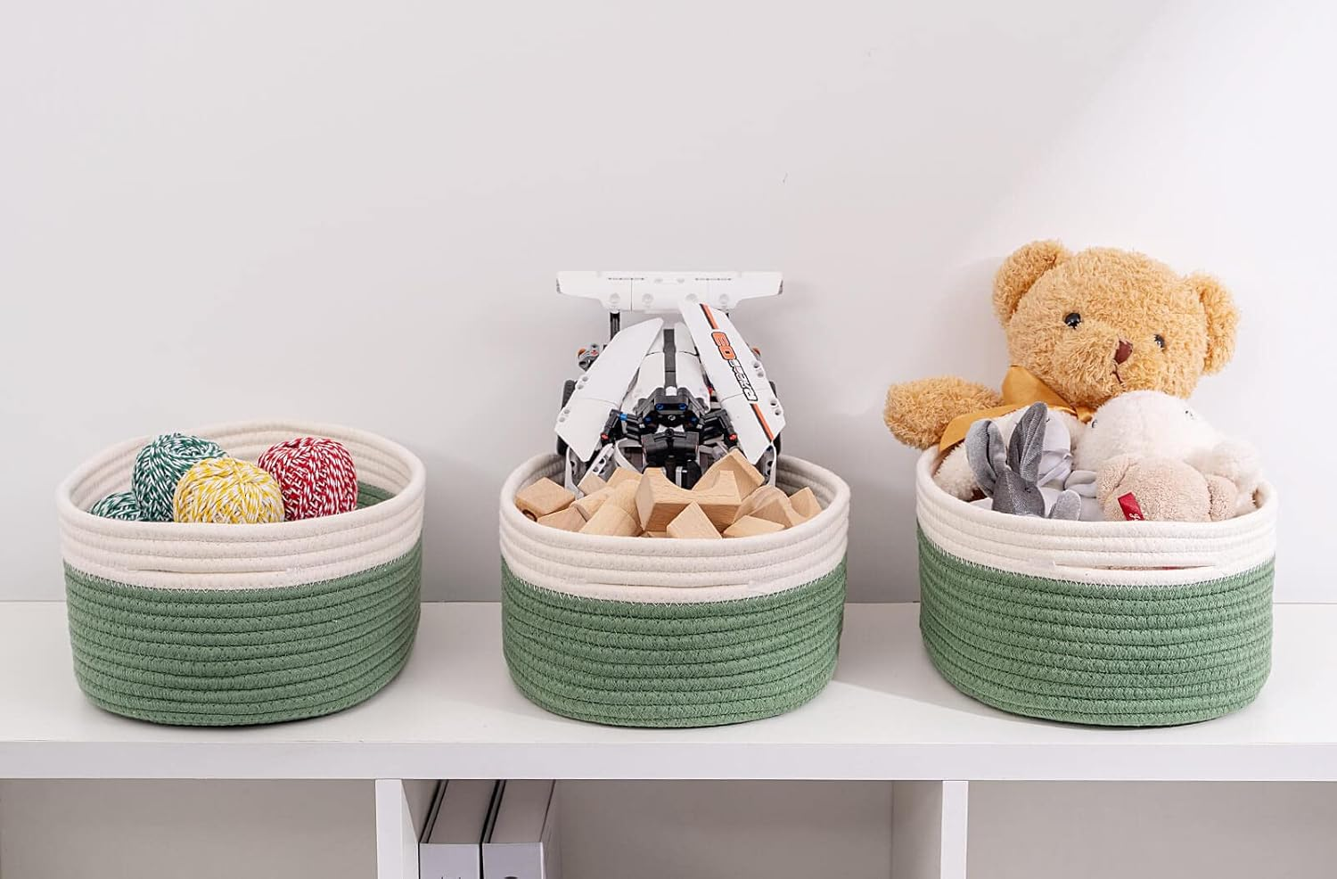 Kriitools Shelf Storage Baskets for Organizing|Cute Basket for Closet&Blanket Storage|Small Woven Baskets to Store Toys,Books,Etc.-13X8.66X5.11&rsquo;&rsquo; Cotton Rope,Stylish,Oval 3 Packs off White&Green - Black image number 7