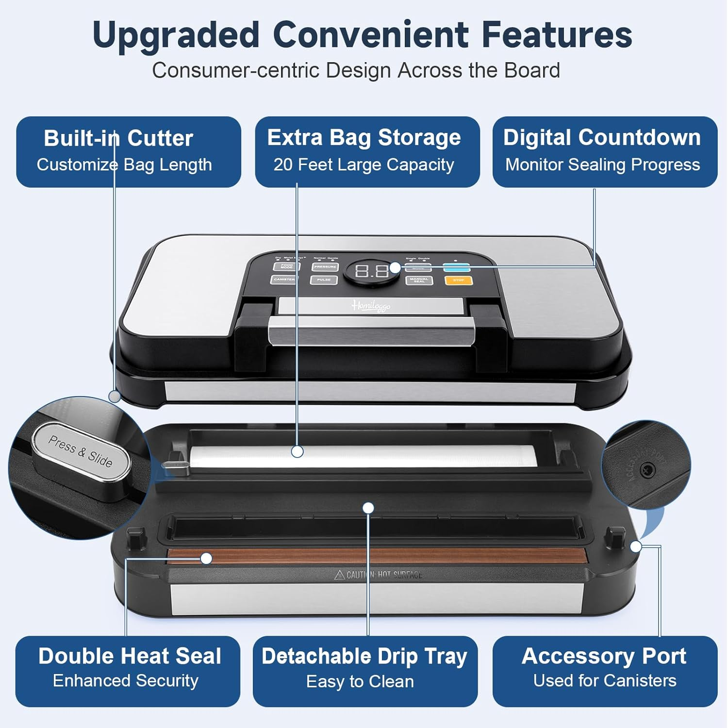 Food Vacuum Sealer Automatic Sealing Machine for Food Preservation with 95Kpa Powerful Suction, Easy-Lock Handle, 10-In-1 Dry Moist Sealing Modes, Built-In Bag Rolls image number 5