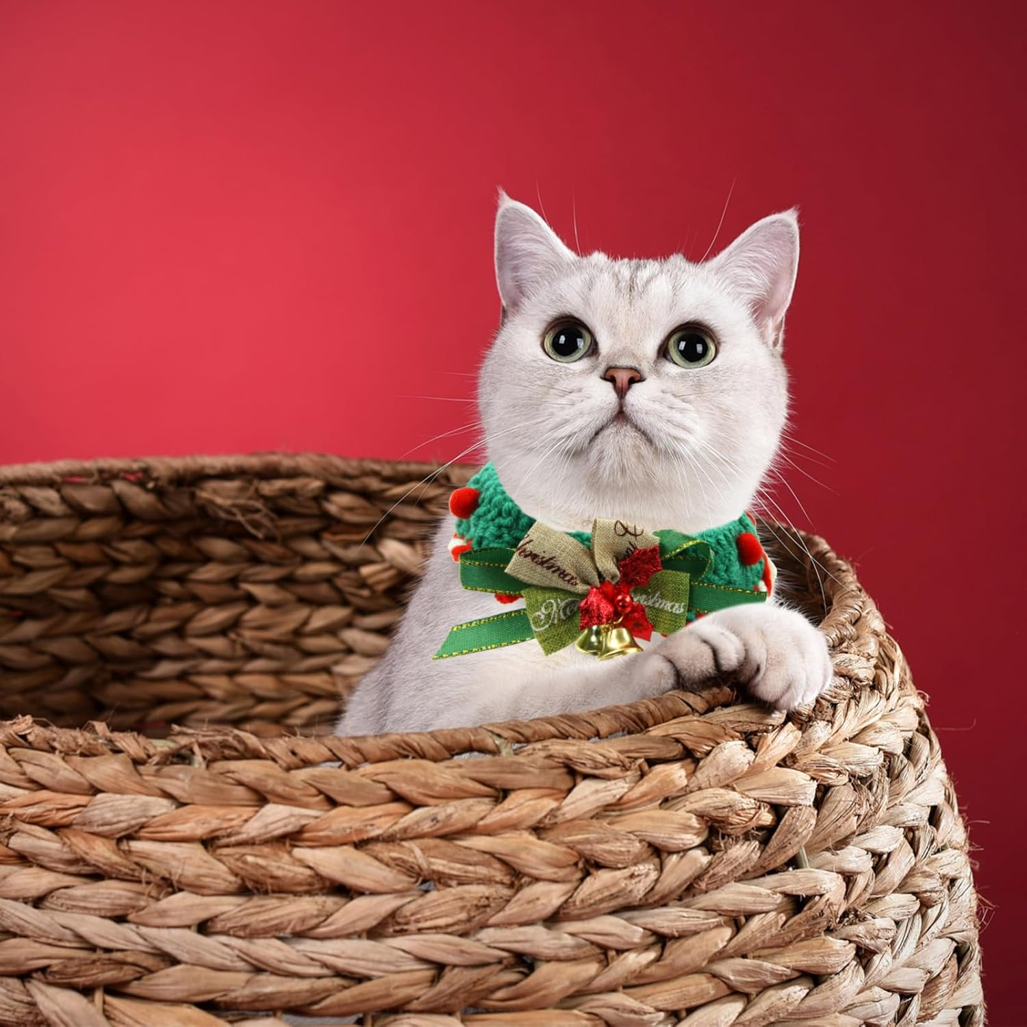 2 Pcs Christmas Collar with Bells Handmade Knitted Crochet Breakaway Scarf Collar for Cat and Puppy Adjustable Cute Woven Collars Necktie for Kittens Small Pets Accessories Christmas Costume Outfits image number 4