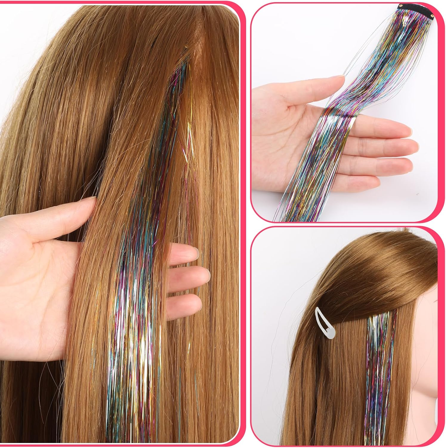 Bighan 12Pcs Hair Tinsel Clip 19.69 Inch Glitter Hair Tinsel Extensions Fairy Hair with Clips for Women Girls Kids, Multi 12 Colors image number 1