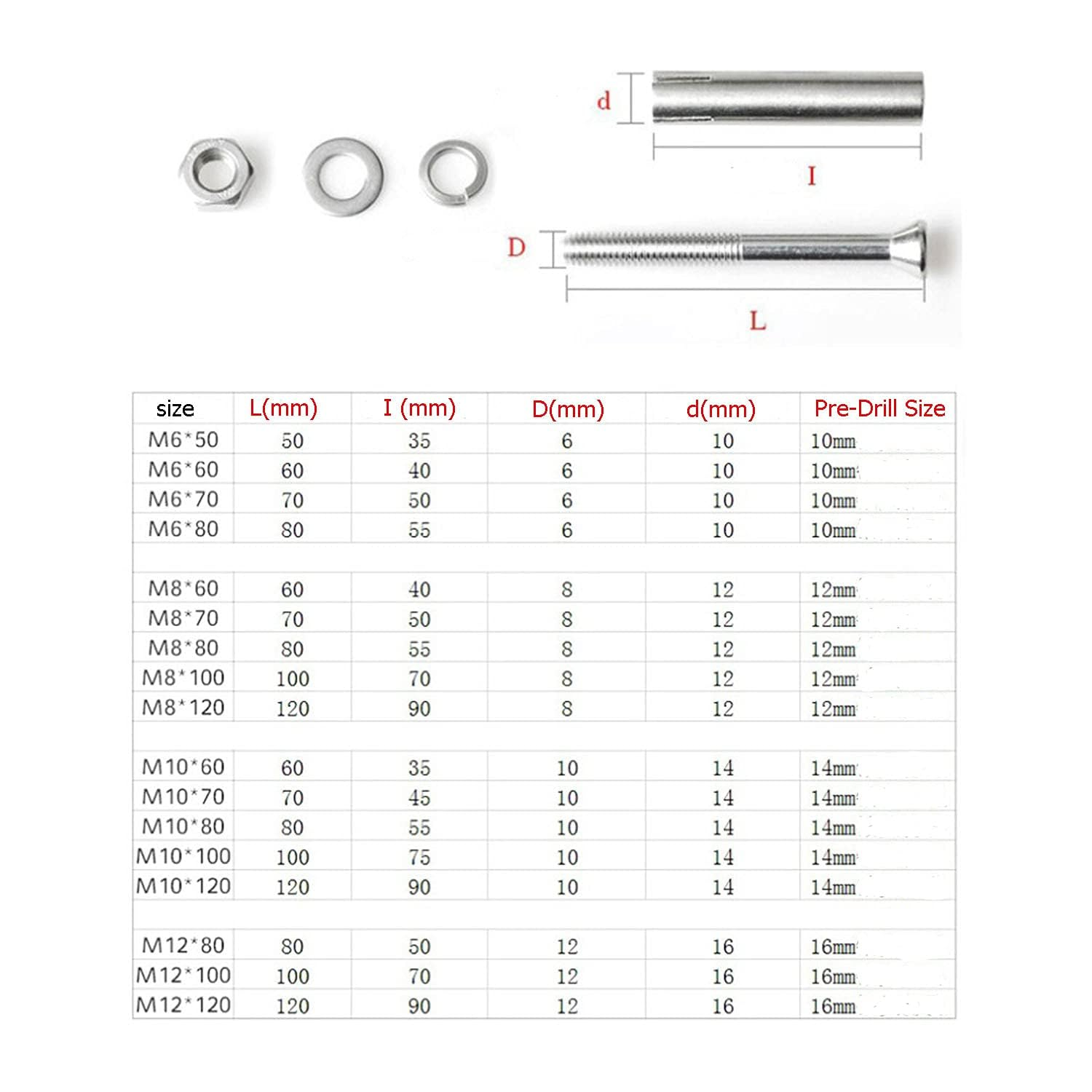20X NUZAMAS M8X120Mm Expansion Bolts 304 Stainless Steel Expansion Sleeve Anchor Bolt Heavy Duty Fixing Anchors for Screws Wall Building image number 2