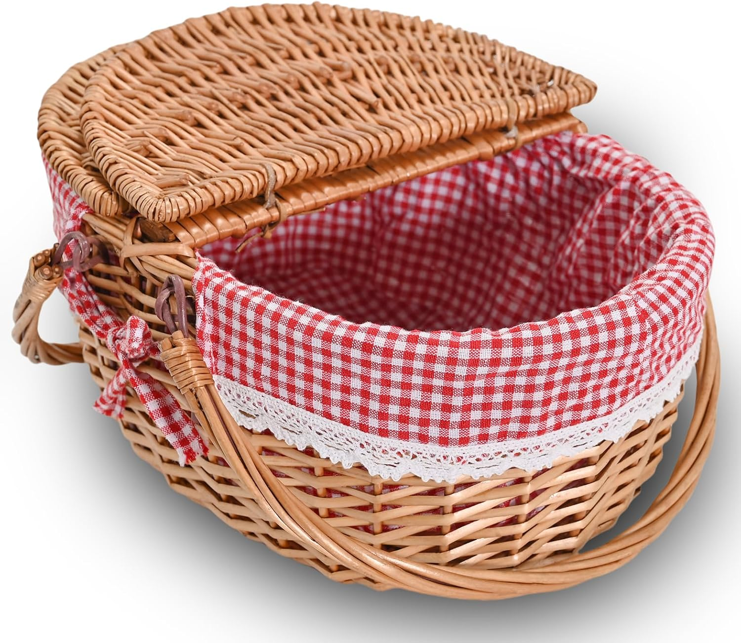 Wicker Picnic Basket with Removable Liner Empty Picnic Baskets with Lid for 2, Picnic Hamper with Foldable Handles for Picnic 2,Checkered image number 3