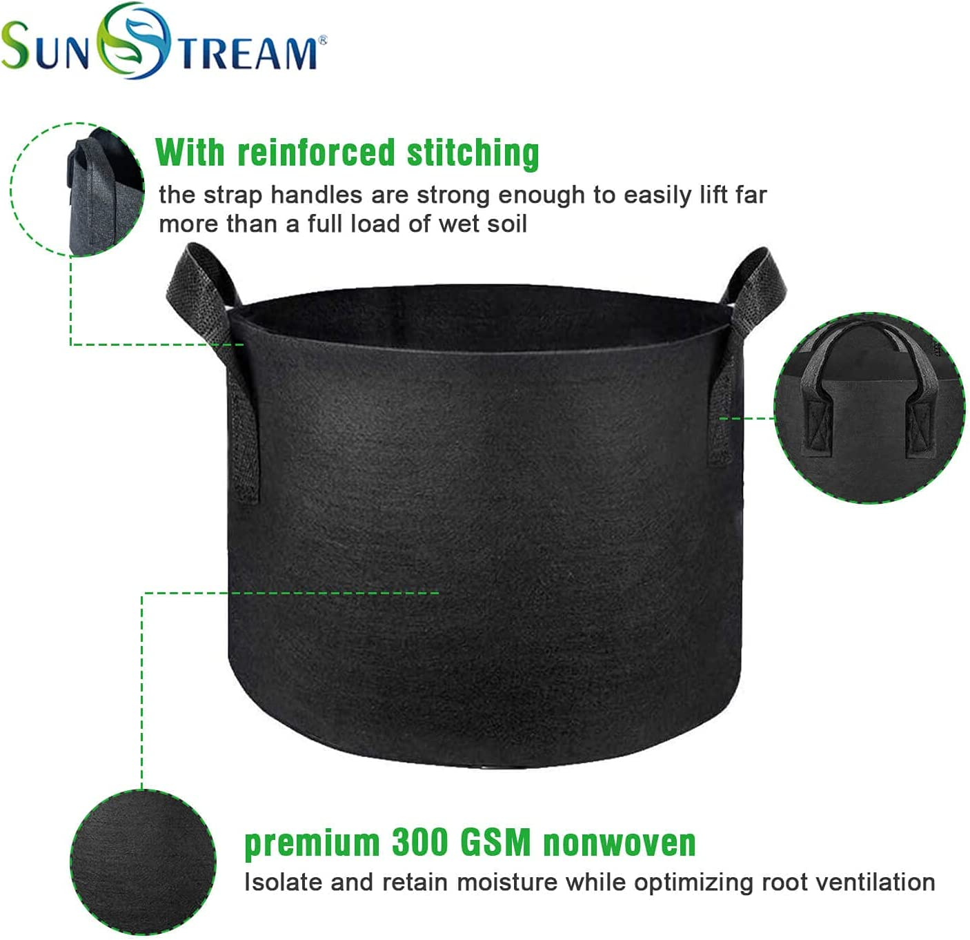 Sunstream 5-Pack 20 Gallons (76L) Heavy Duty Thickened Nonwoven Fabric Pots Grow Bags with Handles image number 3
