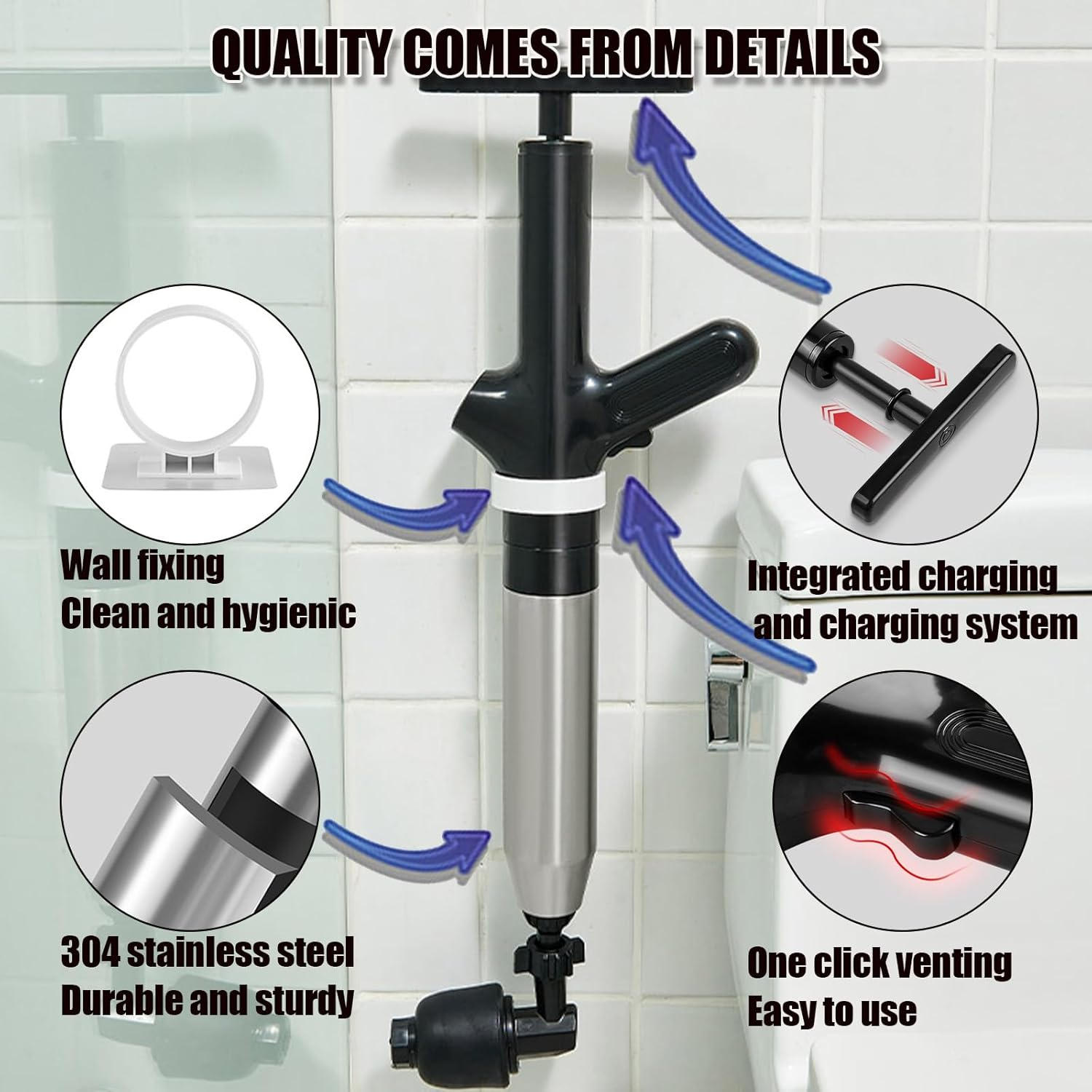 Wenbones Drain Cleaner Pump with Air Compression and Air Pressure Display, Compressed Air Pipe Cleaner with 4 Suction Cups, Toilet Plunger for Cleaning Pipes, Sinks, Bathrooms, Kitchens (Black) image number 2