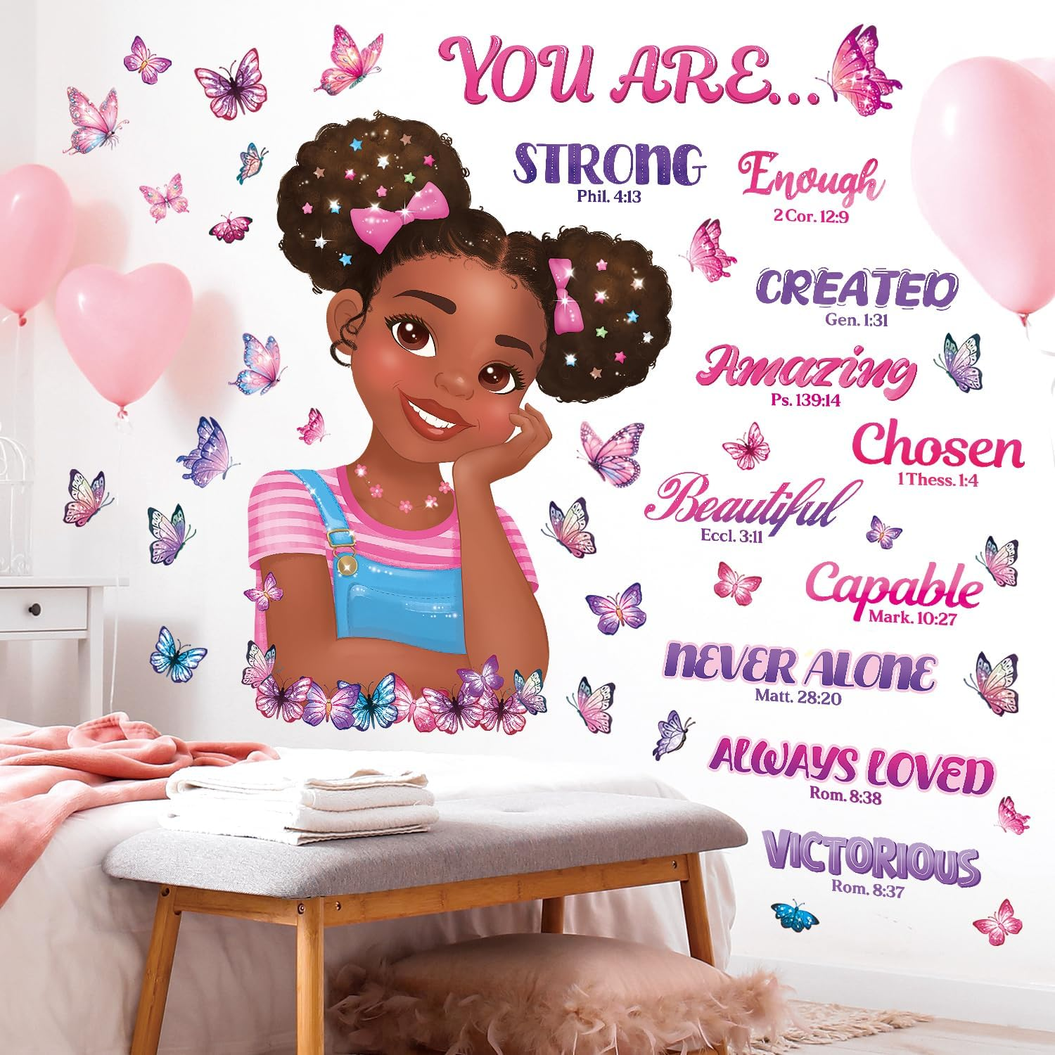 DECOWALL SG2-2502 Black Girl Magic Bible Wall Stickers Decals Inspirational Quotes Verses Decor Pink Bedroom Room Art Decorations Peel and Stick Princess Nursery Butterfly Kids Baby Home image number 1