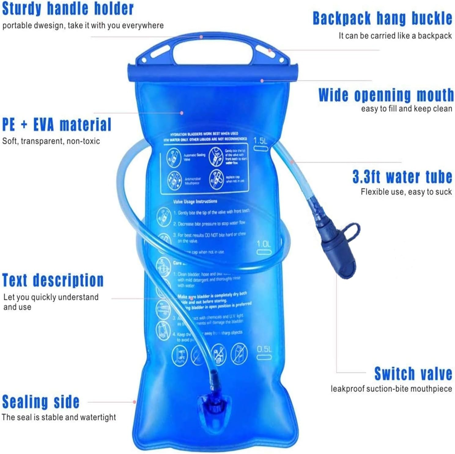 Hydration Bladder 2L Water Bladder BPA Free, 7Inch Large Opening Water Reservoir, Leak Proof Military Water Storage Bladder Bag for Cycling Hiking Camping Biking Running&hellip; - 3L Blue image number 5
