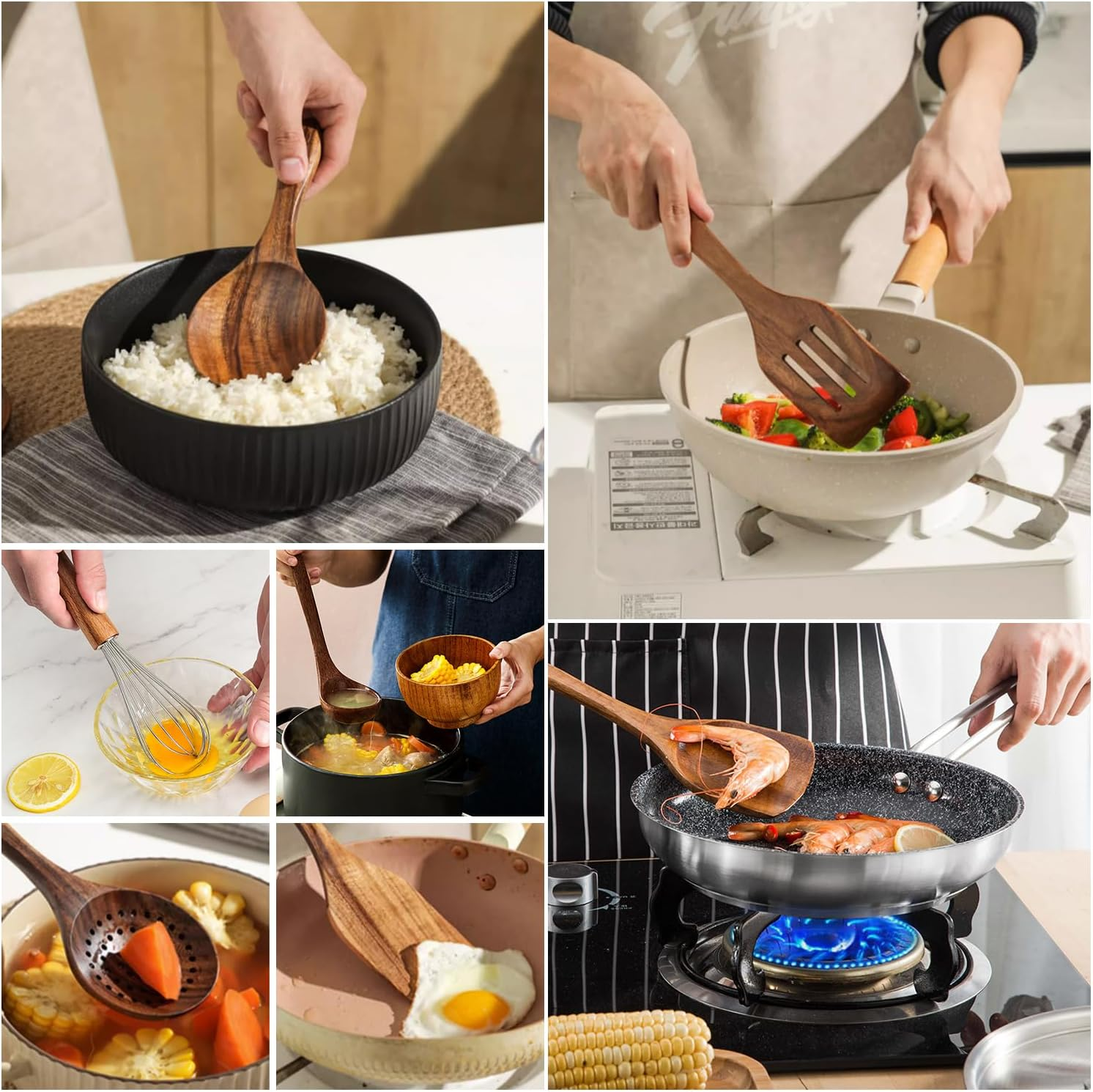 WEKUBA 11 Piece Kitchen Utensil Set, Natural Teak Kitchen Wooden Utensils for Cooking, Wood Utensil Natural Teak Wood Spoons for Cooking,Wooden Utensil Set with Spatula and Ladle