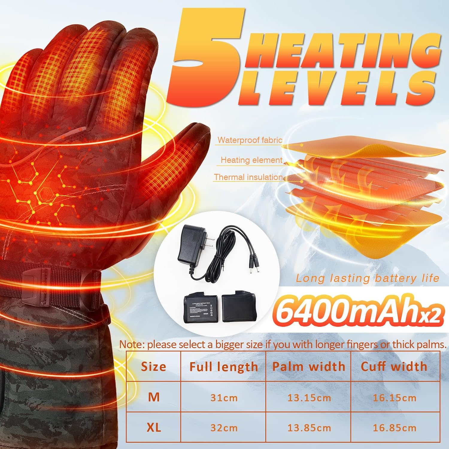 Wndy'S Dream Heated Gloves for Men Women 7.4V 3200Mah Battery Rechargeable Heated Ski Gloves Touchscreen Waterproof Electric Heated Fishing Gloves for Winter Outdoor Work Skiing Hiking