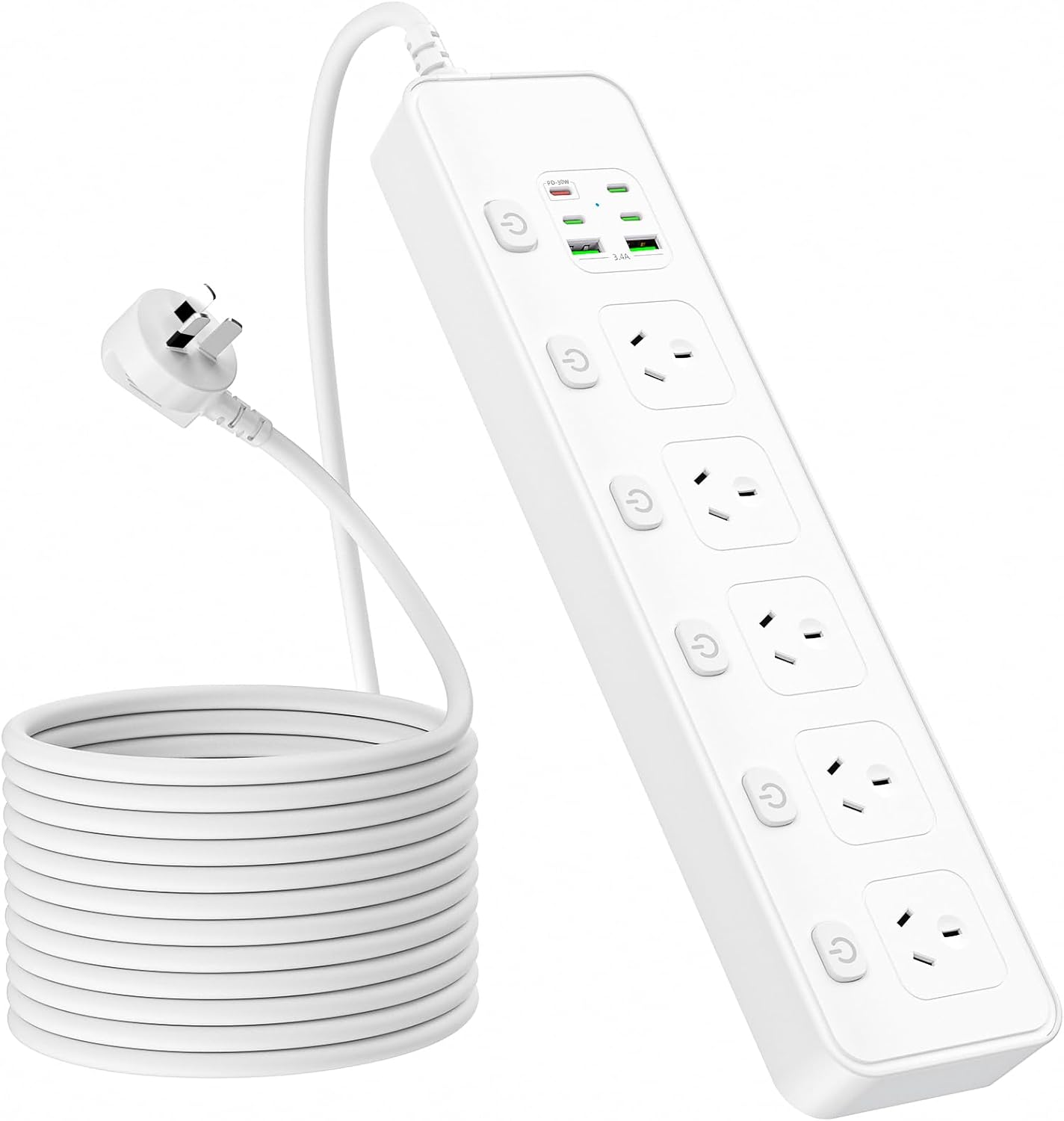 Power Board with Individual Switches, 1.8M Extension Lead, Power Strip 5 AC Outlets, 6 USB PD 30W Super Fast Charging USB C, Mountable, Desktop Charging Station for Home, Office, School, Dorm (White) image number 1