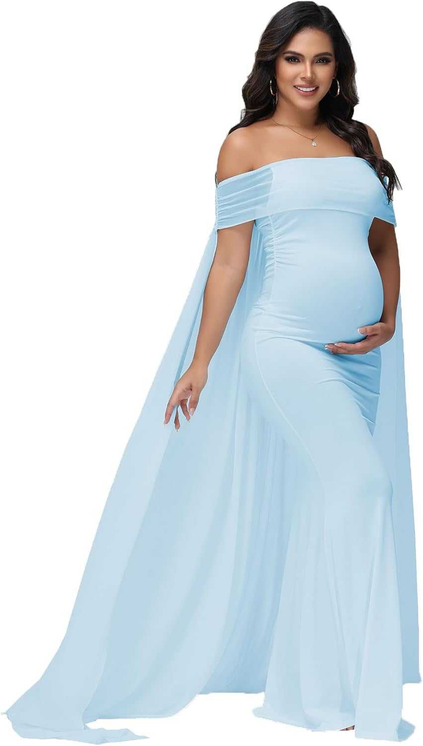 Justvh Women'S Maternity Mesh off Shoulder Chiffon Maxi Photoshoot Dress for Baby Shower Cloak Outfit Maxi Photography Gown