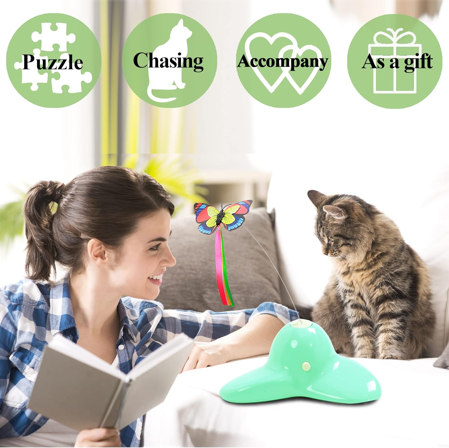 Vealind Interactive Cat Electric Cat Toy with 360&deg; Rotating Butterfly, Green image number 1