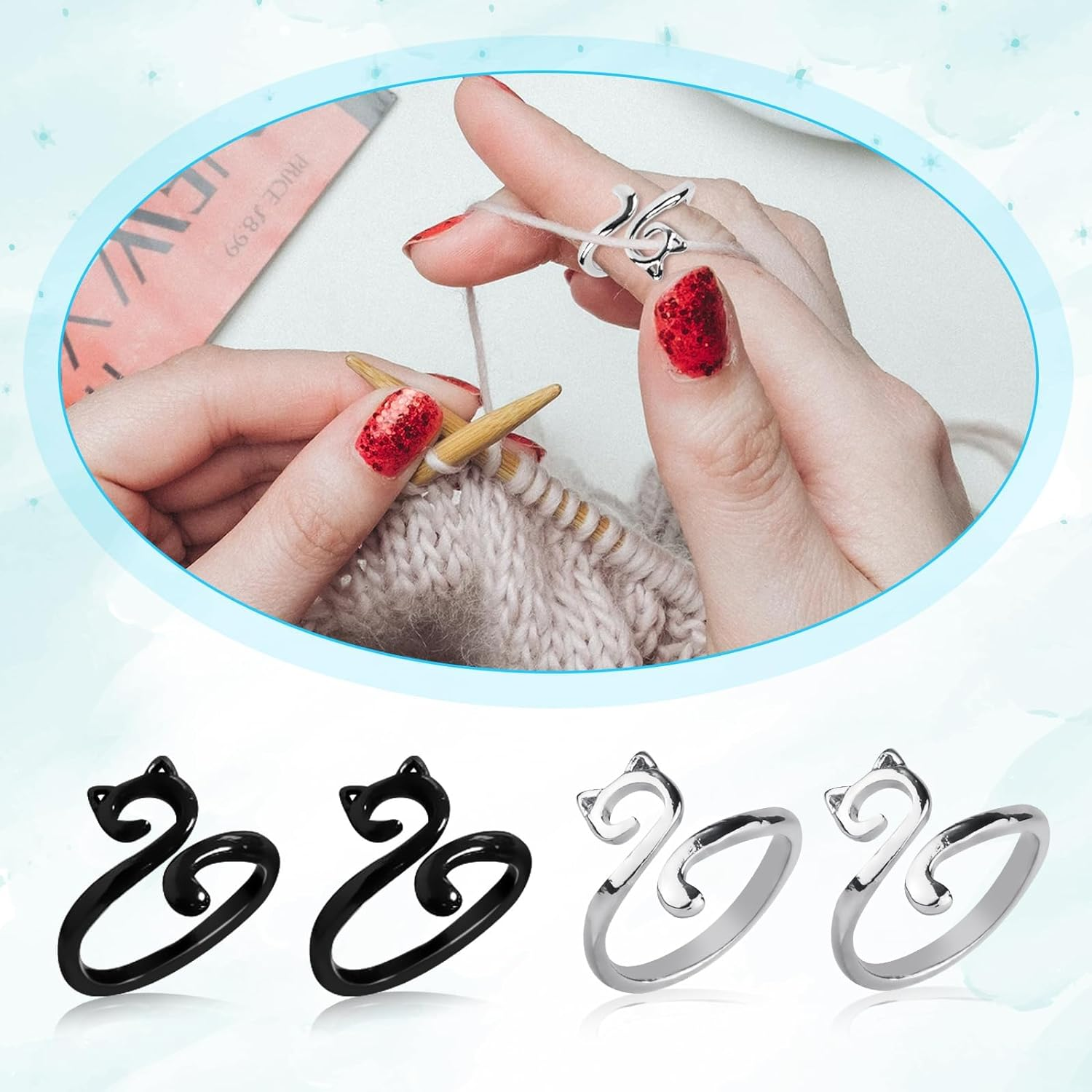 4Pcs Crochet Rings, Adjustable Knitting Crochet Loop Rings Open Yarn Tension Ring Yarn Guide Finger Holder Knitting Thimble Ring for Faster Knitting Supplies for Mother Grandma Gift(Cat Style) image number 3