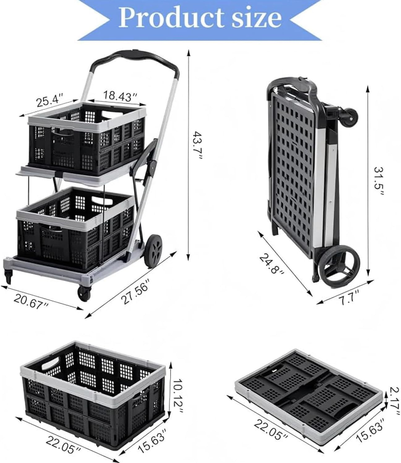 Folding Shopping Cart 2 Tier Multi Use Mobile Trolley Functional Collapsible Carts with Wheels and Removable Folding Storage Crates, for Groceries,Camping,Garage, Supermarket (Double Layer) image number 2