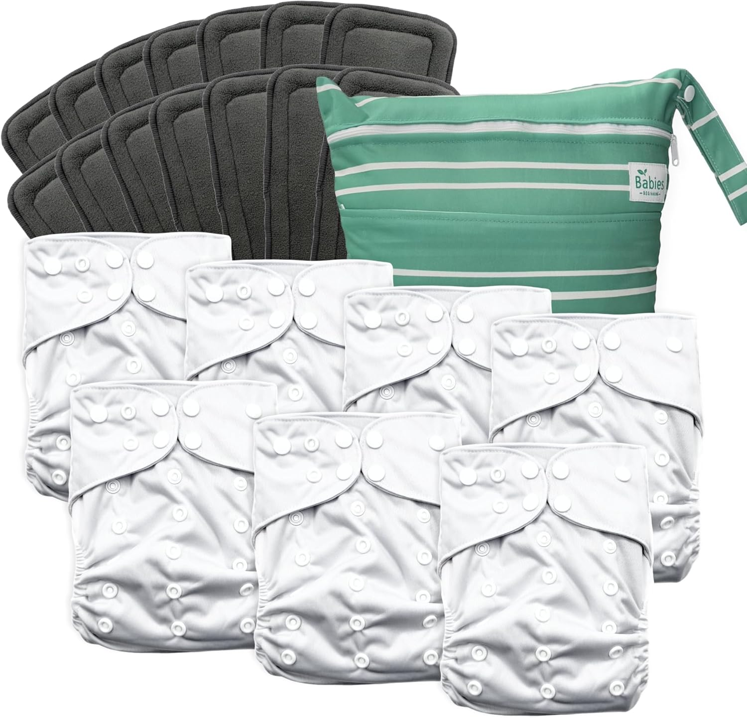 7-Pack Reusable Cloth Diapers with AWJ Interior &ndash; Includes 14 Absorbent Inserts and 1 Wet Bag &ndash; Adjustable, Waterproof, and Washable (Midnight Cozy, Cotton Inserts)