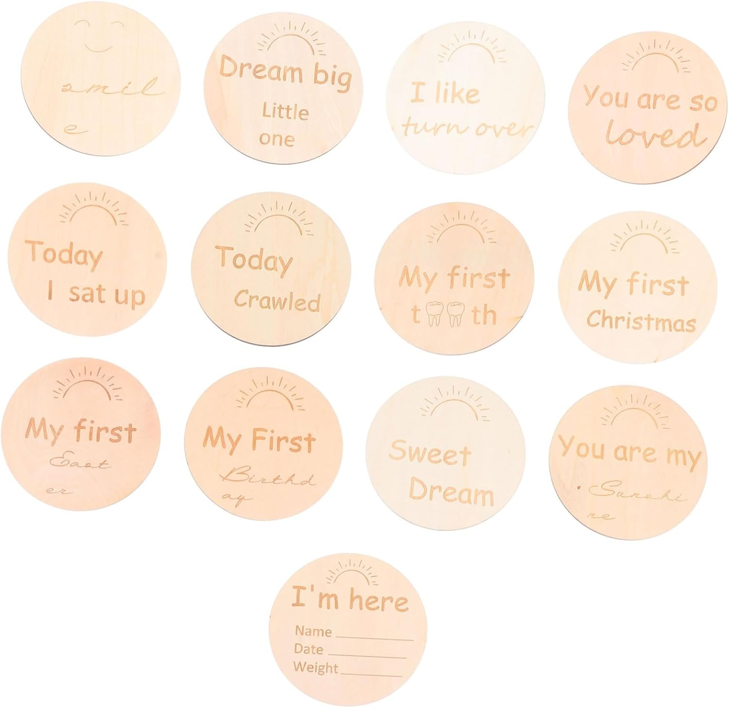 13Pcs Double Sided Wooden Growth Milestone Cards for Birth Month Commemorative Discs for Newborn Photography Props and Keepsakes image number 1