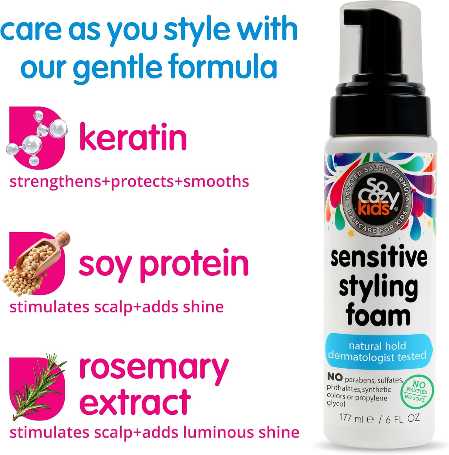 So Cozy Kids Sensitive Styling Foam - Sensitive Foam for Kids W/Straight or Curly Hair - Gentle Natural Hold Styler, Rosemary (6 Fl Oz) image number 1