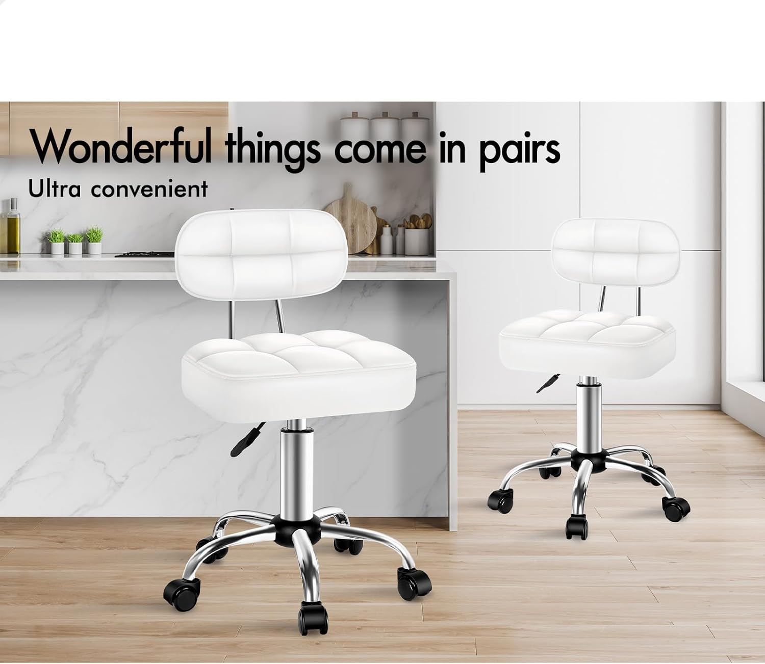 ALFORDSON PU Leather Salon Stool with Backrest Tufan Series, Office Drafting Rolling Stools in 49-64.5Cm Adjustable Height, Swivel Spa Chair with Rolling Wheels for Massage Table, White image number 1