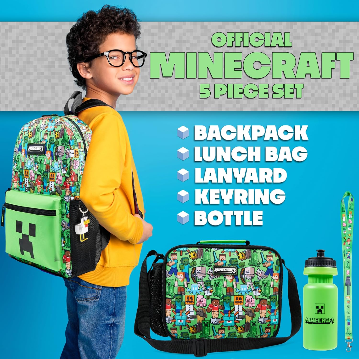 Minecraft Backpack Set 5 Pcs Water Bottle Insulated Lunch Bag Pencil Case Drawstring Bag or Lanyard Keyring School Supplies, Green AOP, Set of 5, Backpack Set 5 Pcs image number 1