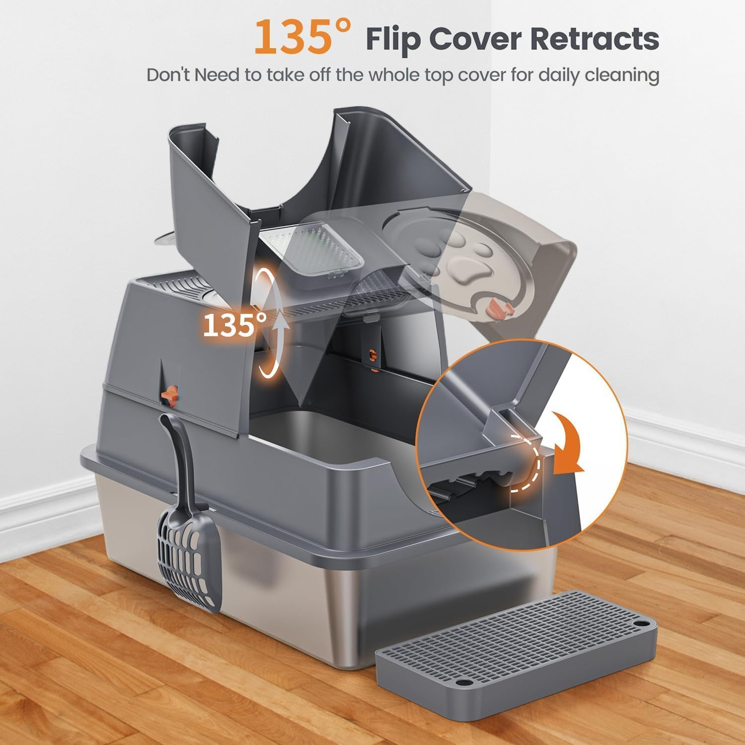 ZALLUC Stainless Steel Cat Litter Box with Lid, Flip-Top Extra Large Cat Litter Pan, Enclosed Metal Litter Box with Litter Scoop & Filter Pedal, Anti-Leakage, Odor Free, Front & Top Dual Entry(Grey)