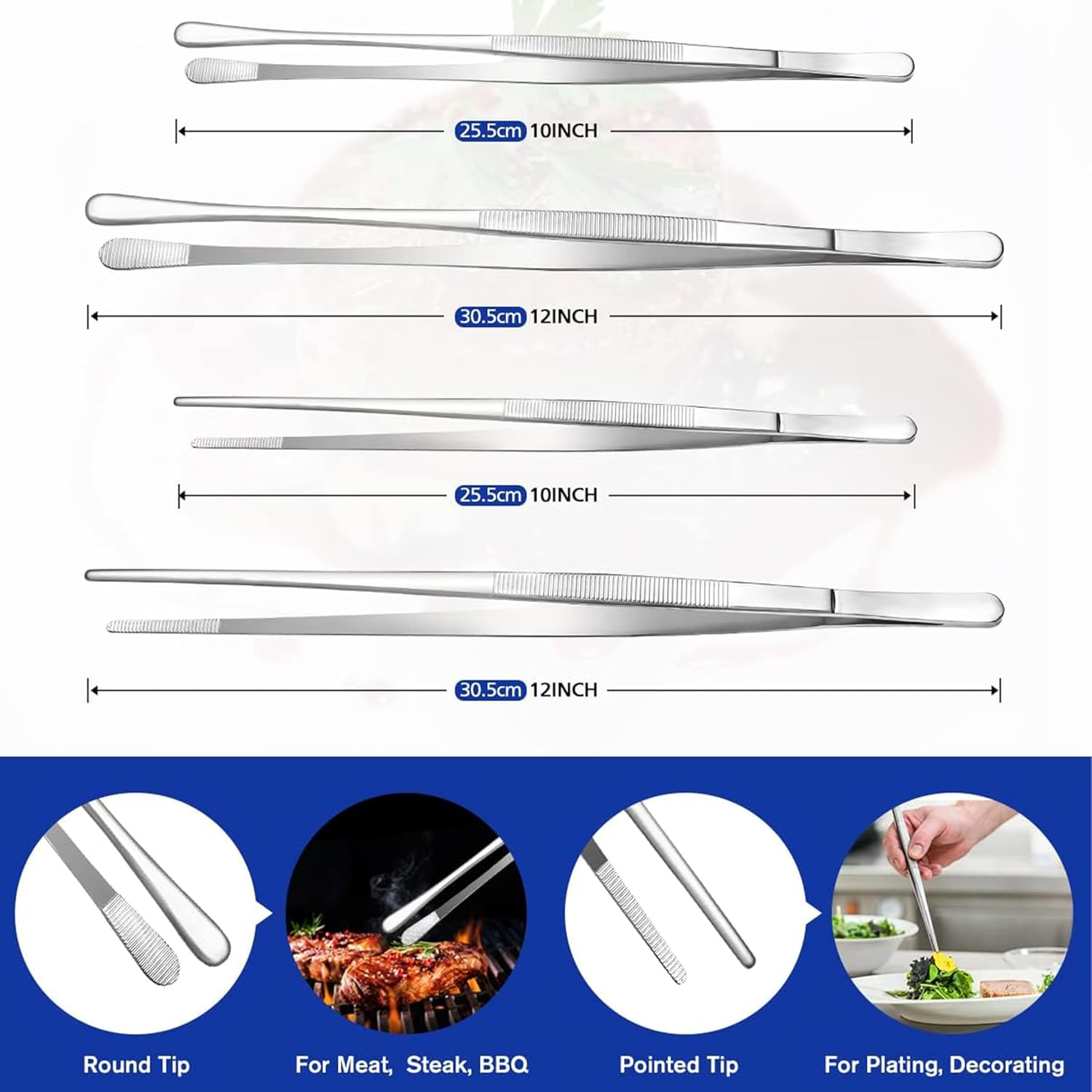 Professional Stainless Steel Tweezers Set, 25-30 Cm Length, 4-Piece, Serrated Tips for Cooking and Crafting image number 2