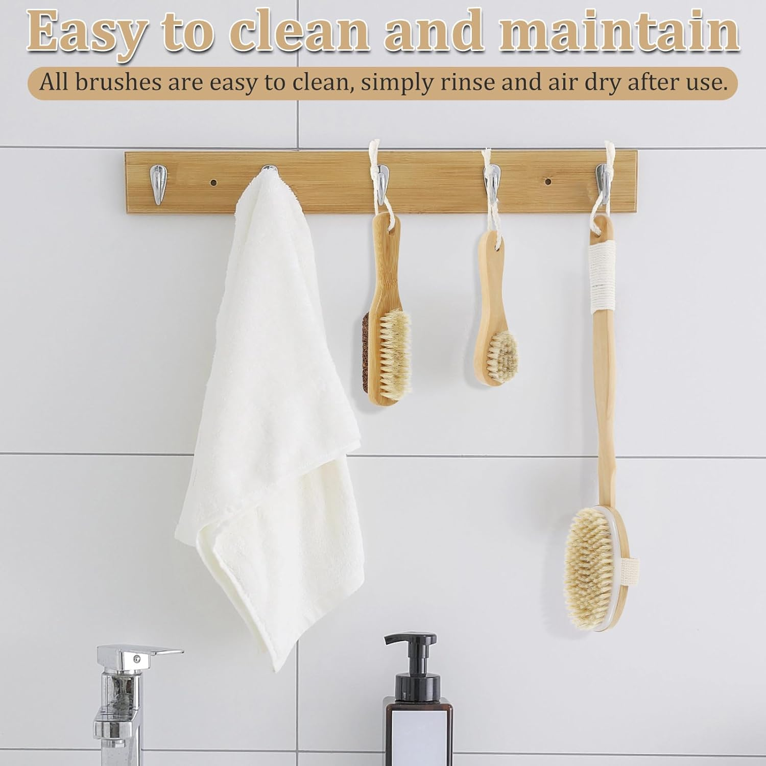 DJAPWPX 5 Pcs Dry Body Brush with Wooden Handle Exfoliating Body Face Foot Cleaning Brush Dead Skin Removal for Back Face Foot image number 4