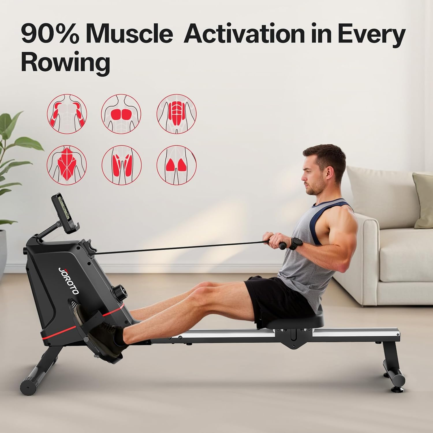 JOROTO Rowing Machine for Home, Quiet Indoor Magnetic Rower with Bluetooth Monitor, Max Weight Capacity 160KG, Easy to Assemble, Vertical Storage, Space-Saving image number 1