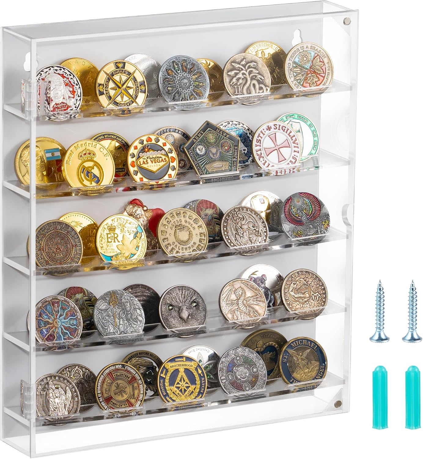 Coin Holder, Challenge Coin Display Box with Removable Shelves and Magnetic Door, Acrylic Challenge Coin Holder, Clear Coin Case Coin Box Fits 45 Military Medals Poker Chip Pins Badges (White) image number 3