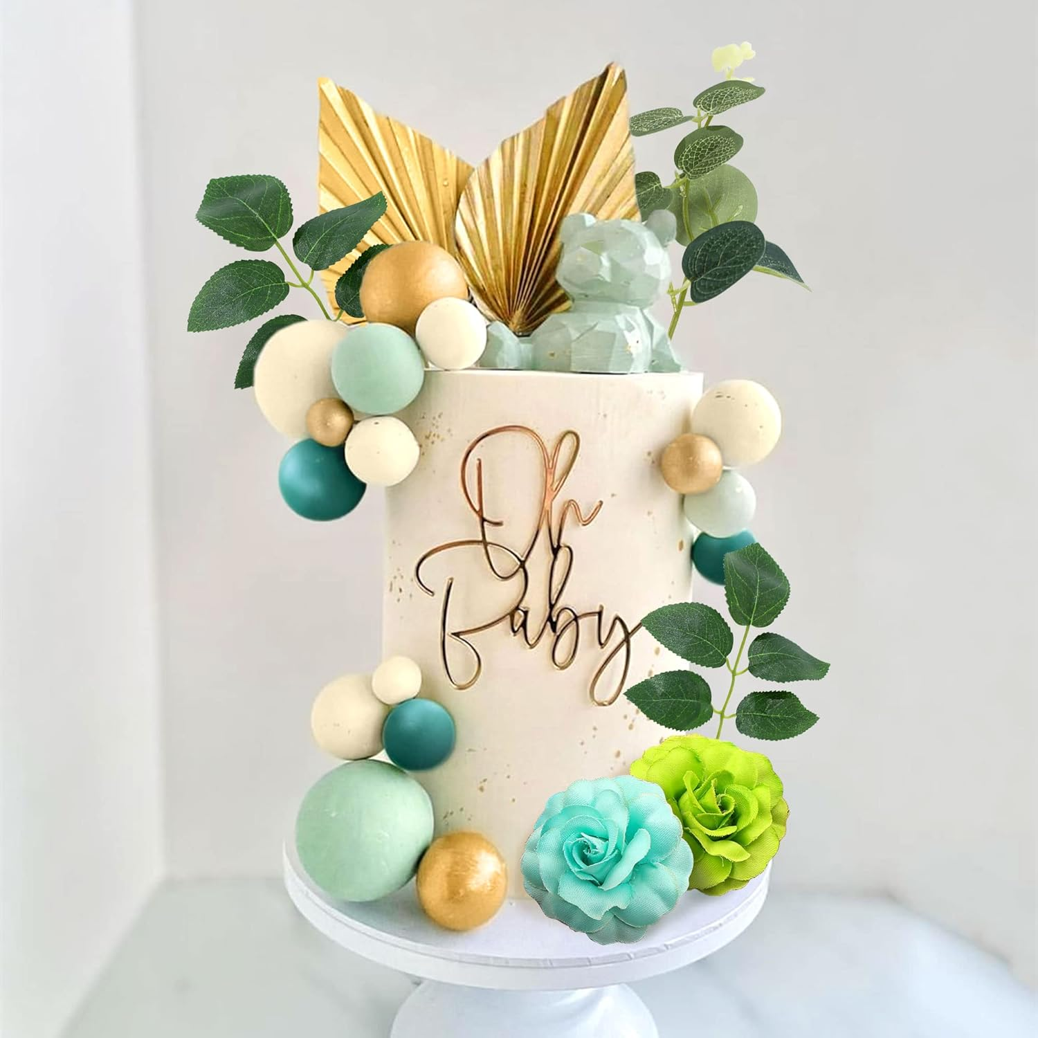 Jevenis Green Ball Cake Decoration Rose Cake Decoration Palm Leaves Cake Decoration Flower Cake Decorations Baby Shower Cake Decoration Wedding Cake Decoration - Green1 image number 7
